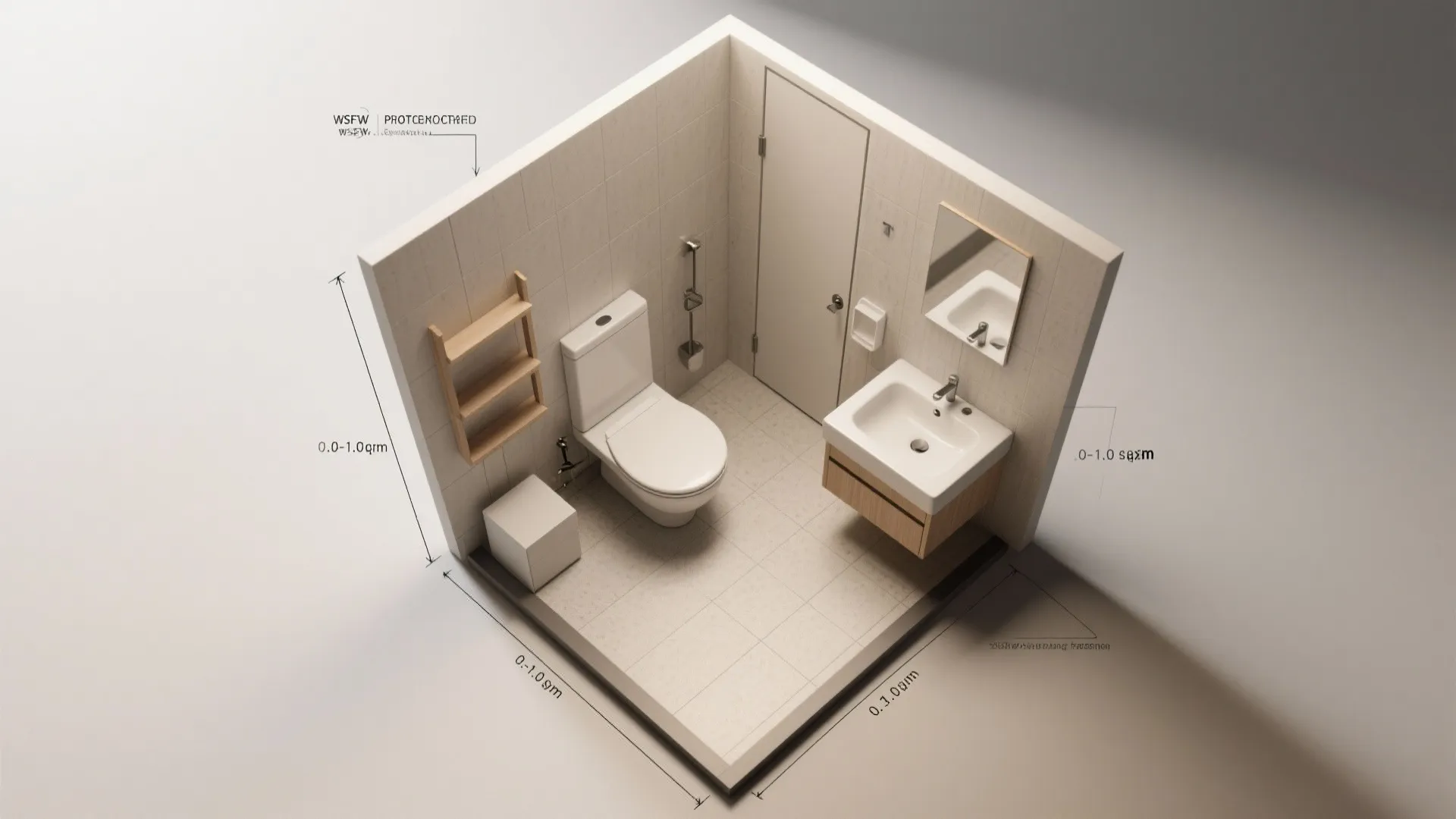 Three dimensional bathroom interior design drawing showing toilet sink cabinet shelves and room dimensions layout