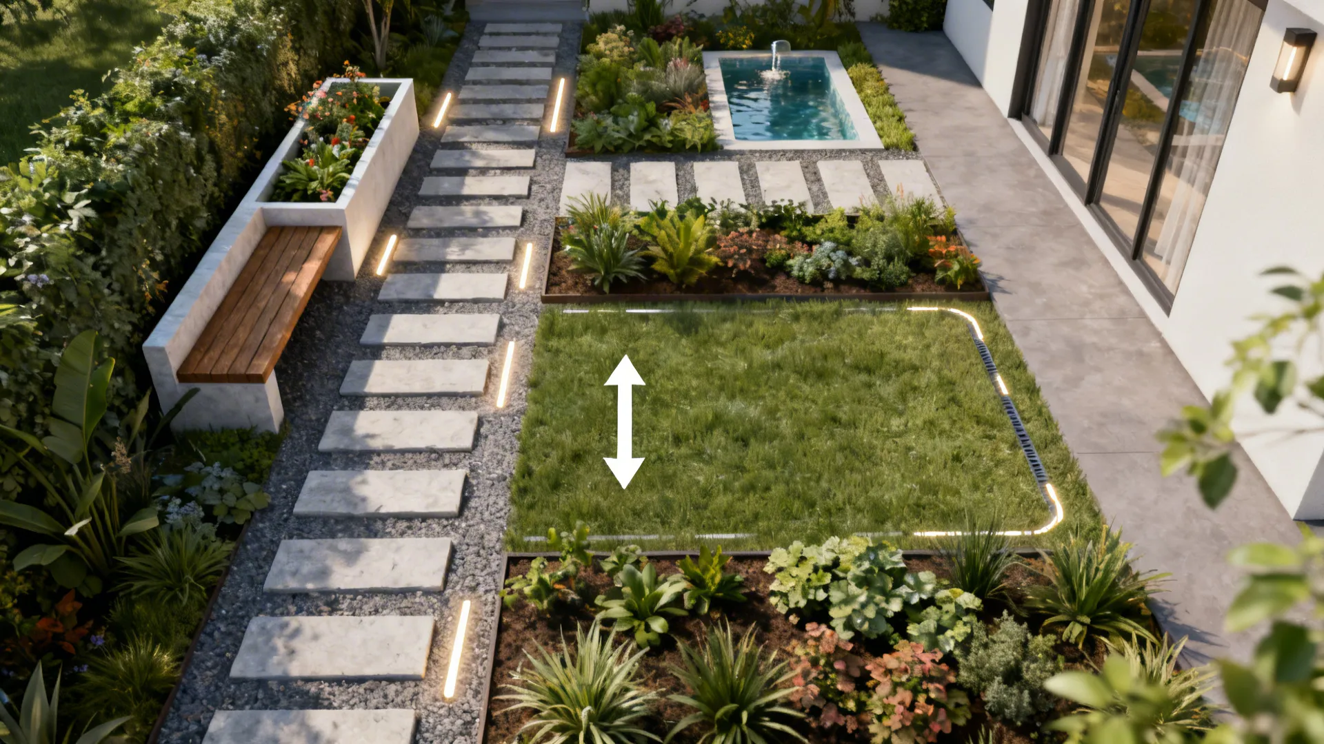 Top-down layout diagram of a narrow front yard showing planting, path, bench, water, lighting and drainage zones.