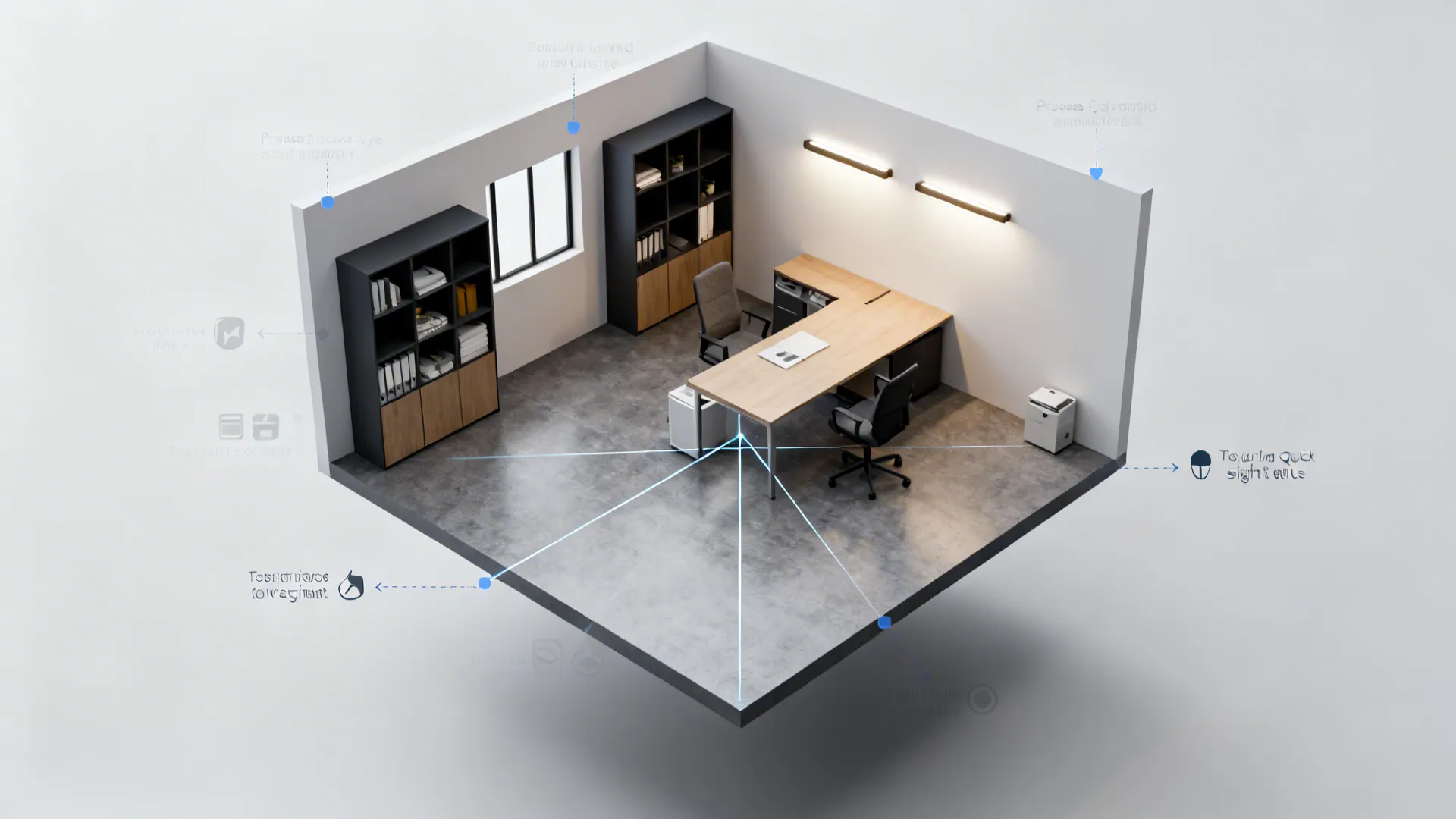Top-down layout diagram showing clearances and sightlines for a small office plan.