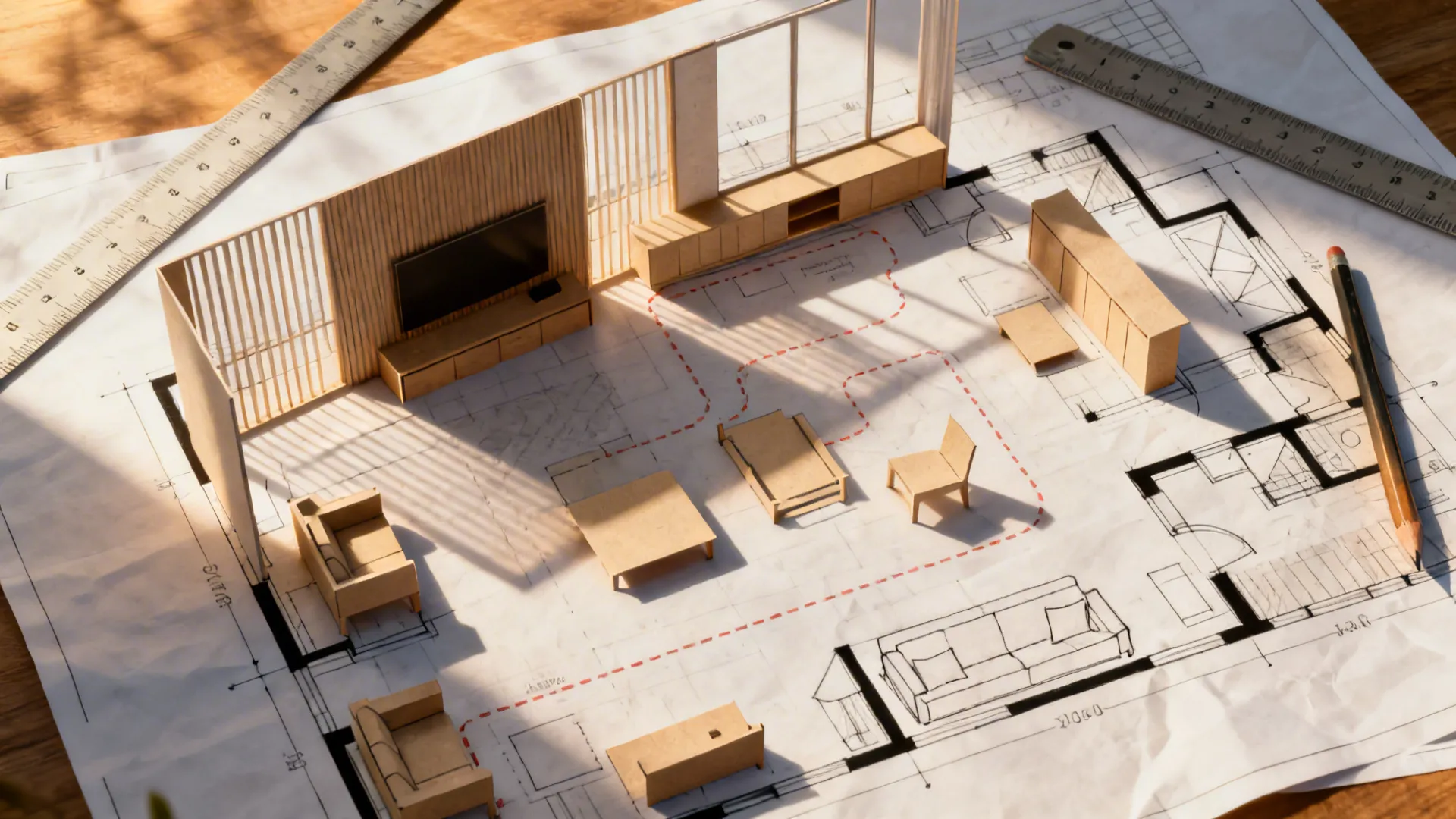 Top-down scaled room sketch with furniture cutouts and marked circulation paths for planning layouts.