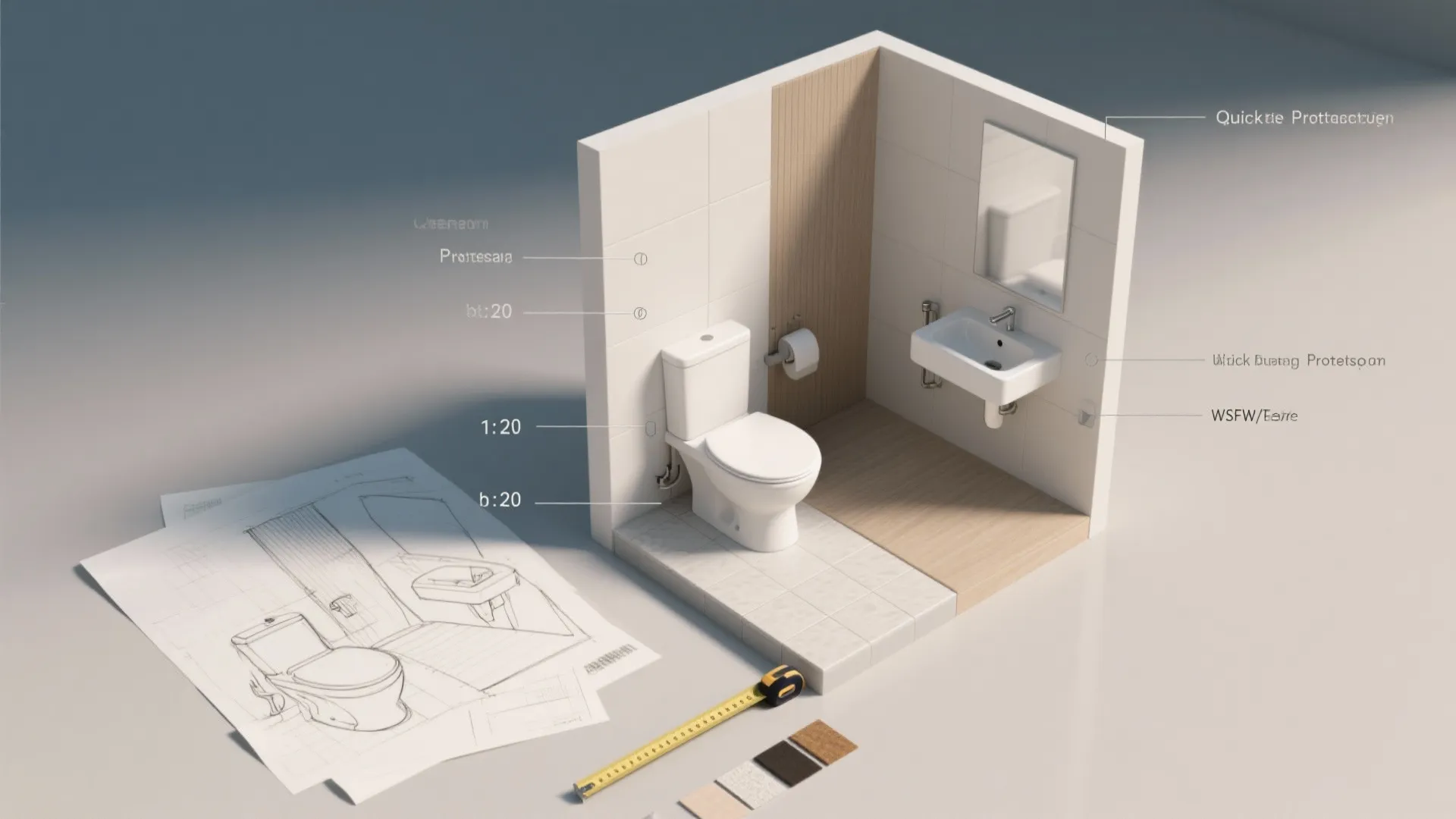 Small bathroom interior design drawing showing toilet sink mirror and floor plan with measuring tape