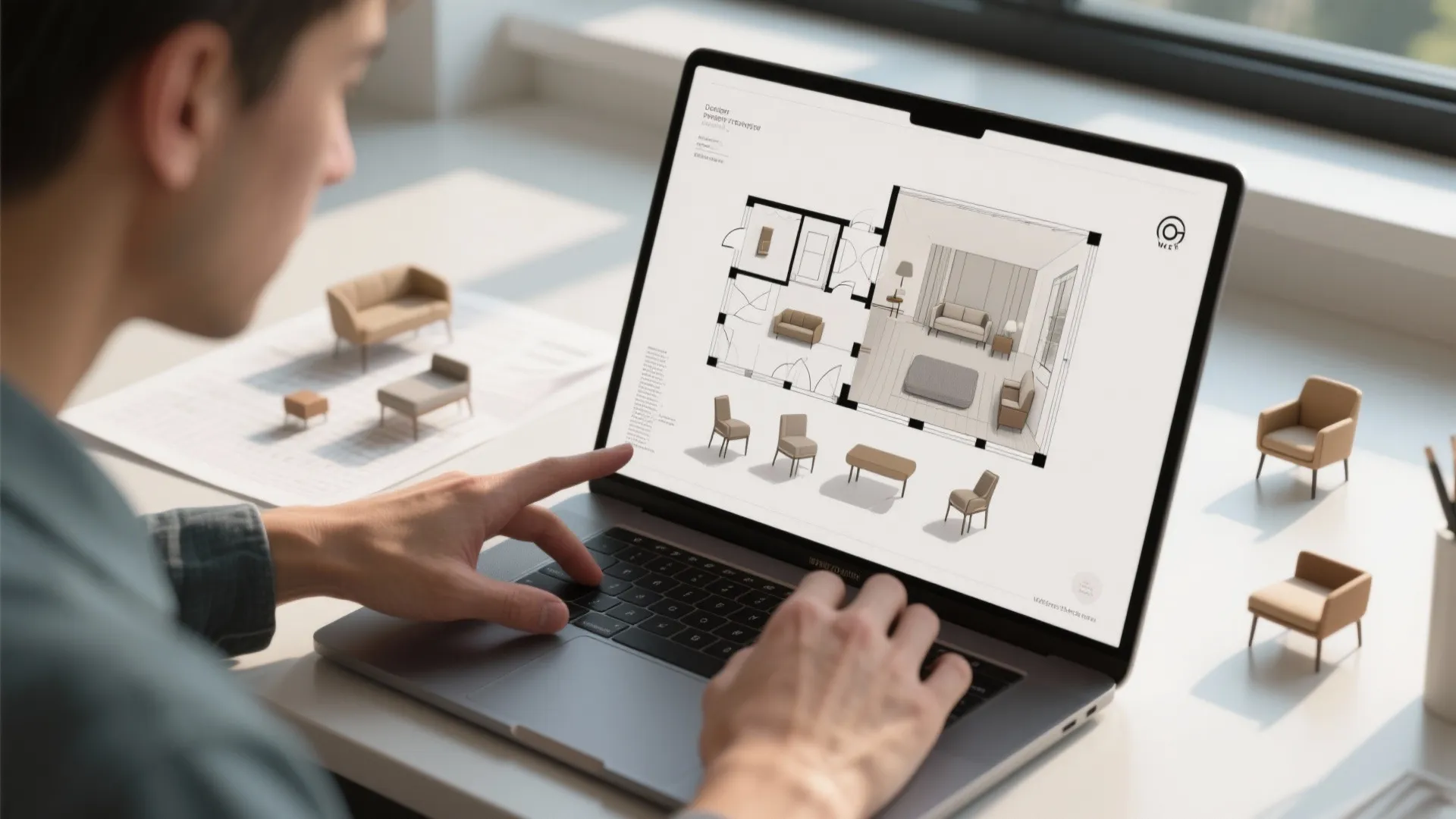 Person using laptop to create interior design drawing with furniture models on white office table