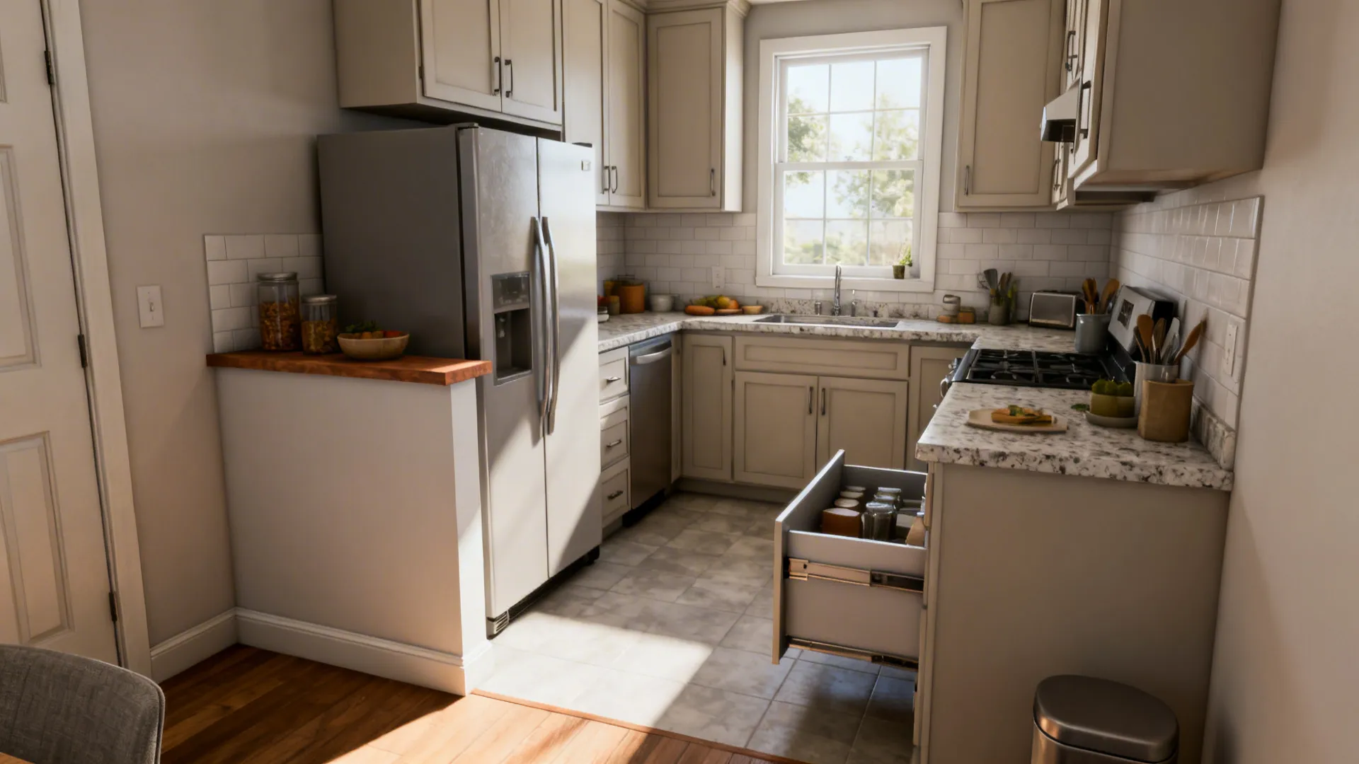 Small kitchen showing fridge shifted and a created landing zone after a minor layout change