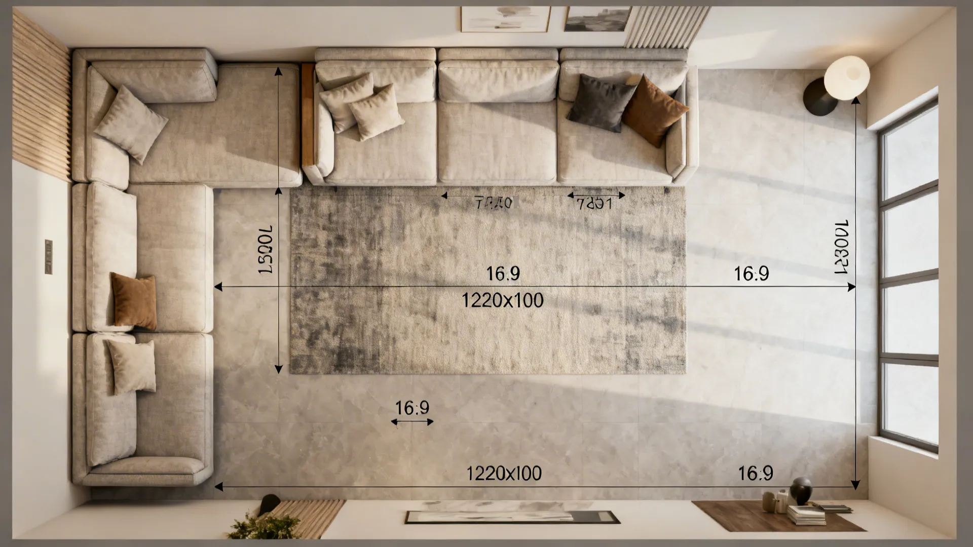 Top-down room layout showing furniture arrangements and traffic patterns for a small living room