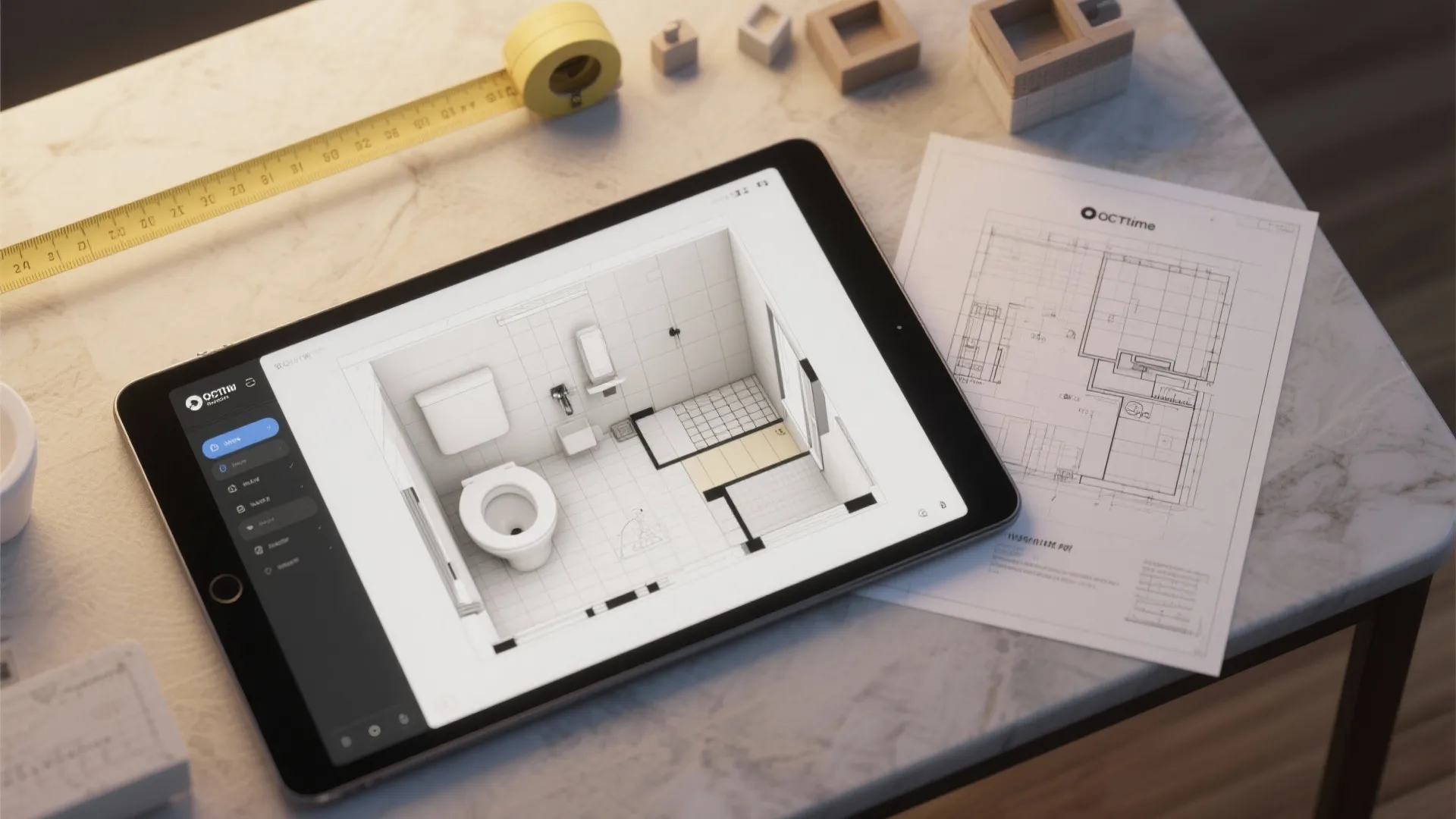 Top-down view of bathroom layout mockups on a tablet and paper plans used for layout experiments