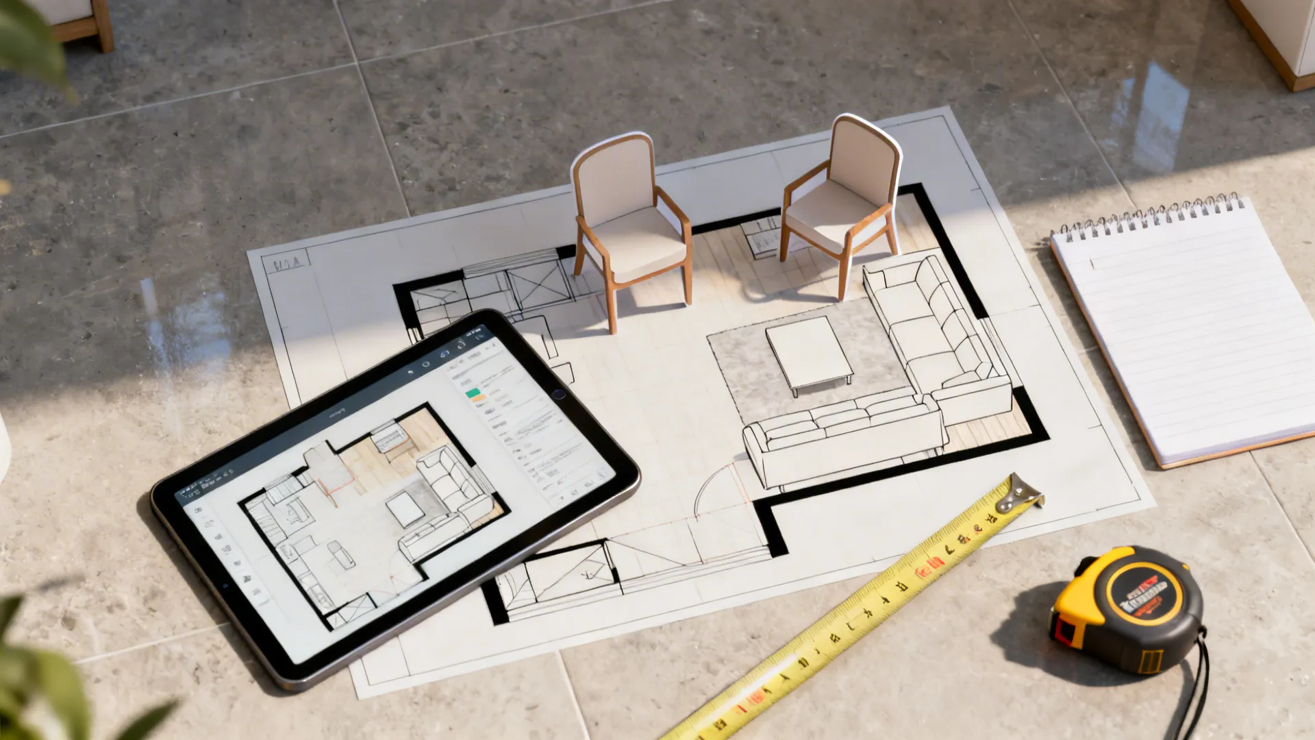 Top-down room layout plan with chair cutouts and tablet showing a virtual planner