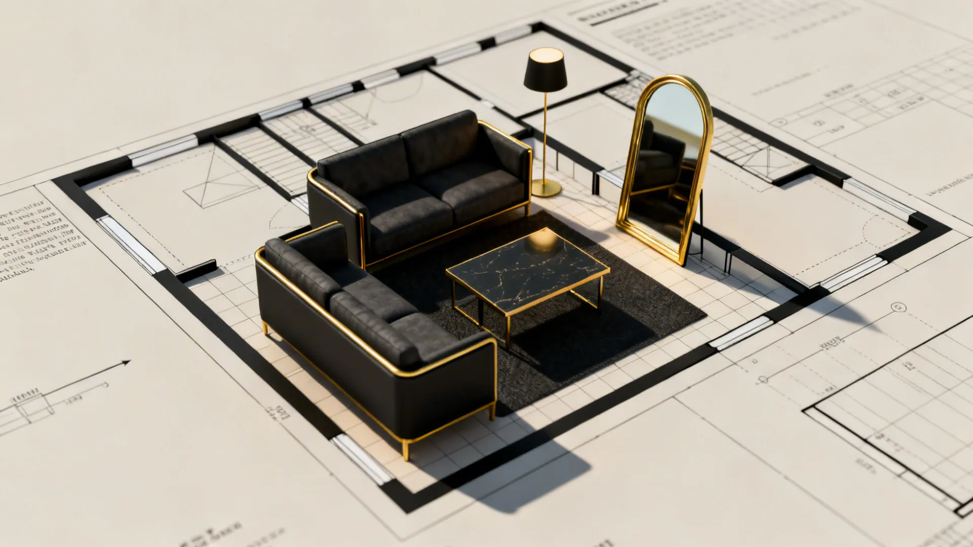 Top-down room planner render showing furniture scale and placement for a small living room