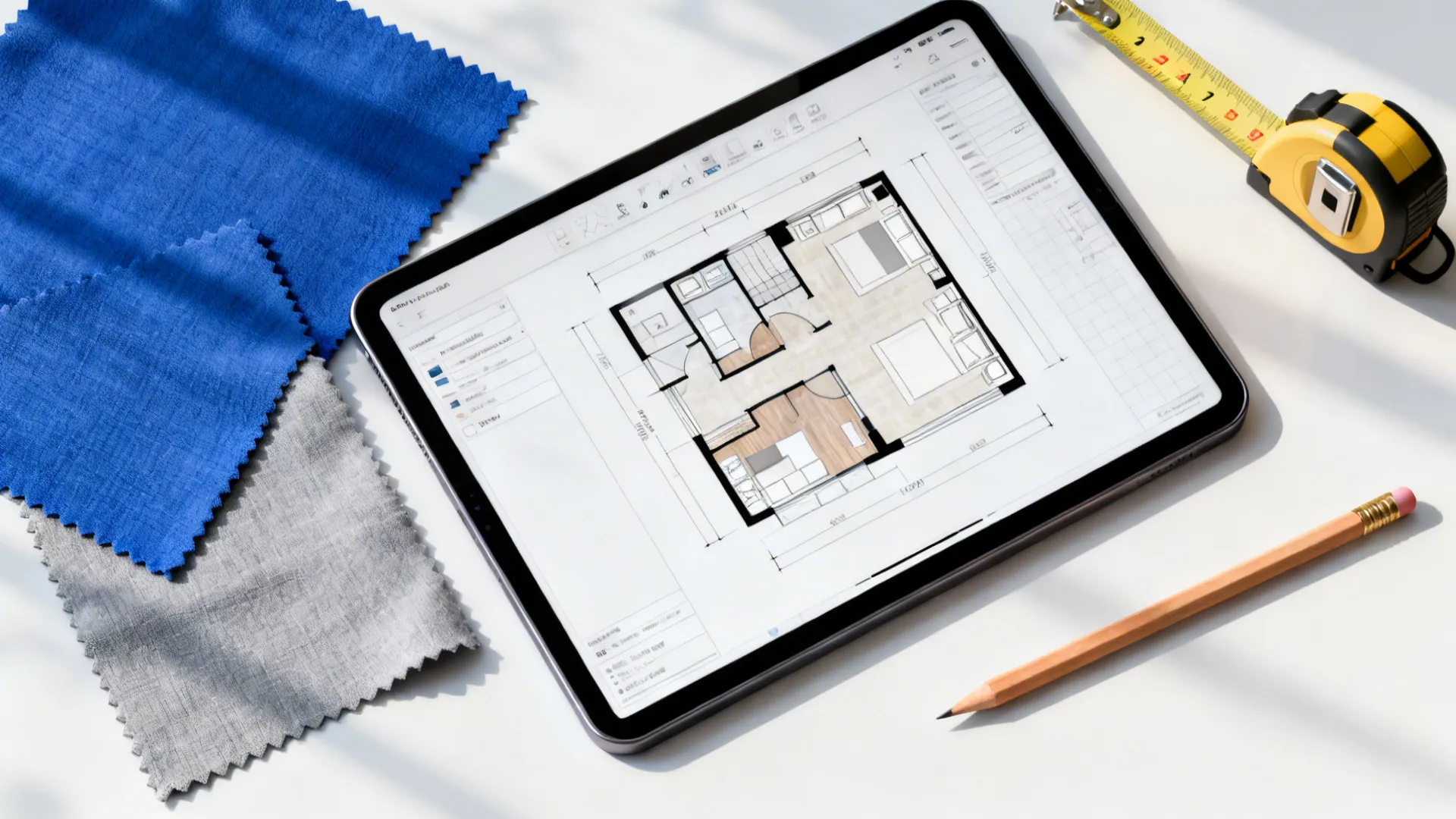 Top-down view of a tablet showing a room planner with royal blue and grey swatches