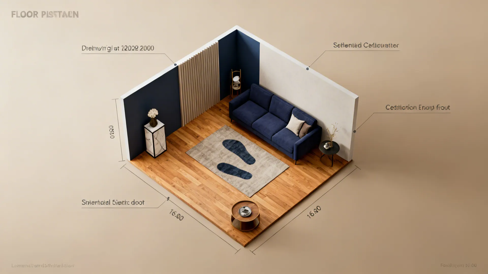 Top-down room planner visualization for a navy and gold living room layout