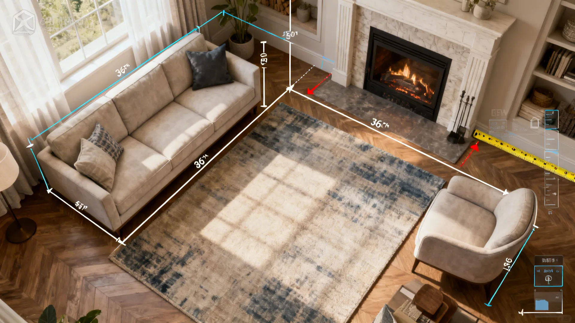 Top-down room plan showing furniture scale and clearance around a corner fireplace