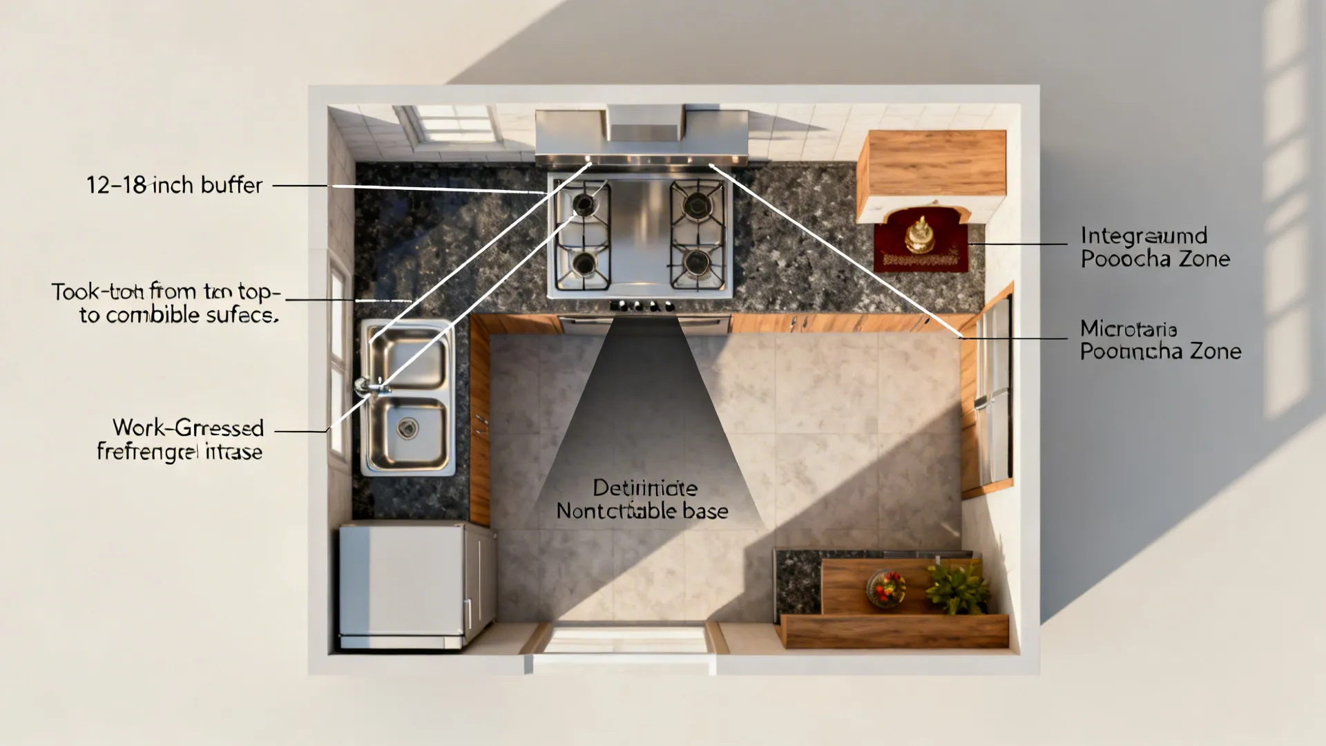 Top-down kitchen diagram showing buffer distances, work triangle, and a pooja niche with safe materials.