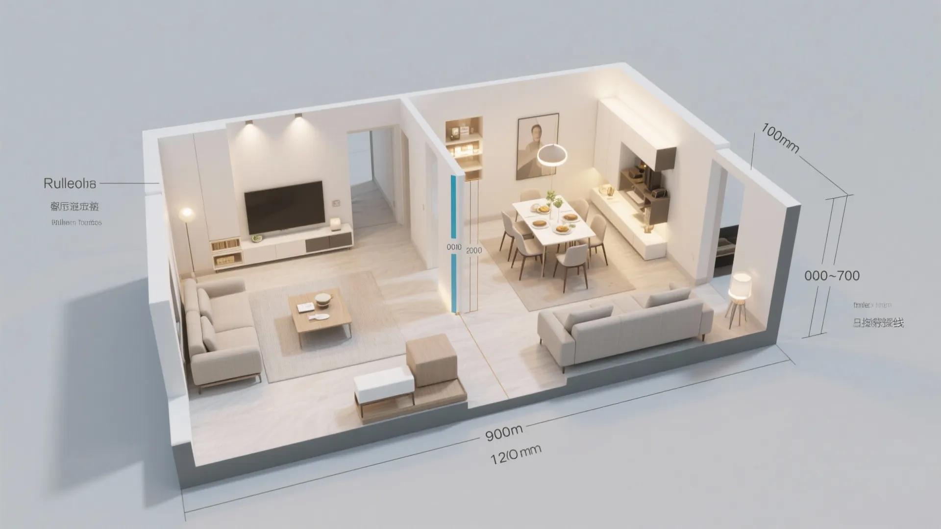 Interior design drawing showing a three dimensional room layout with furniture and wall measurement labels