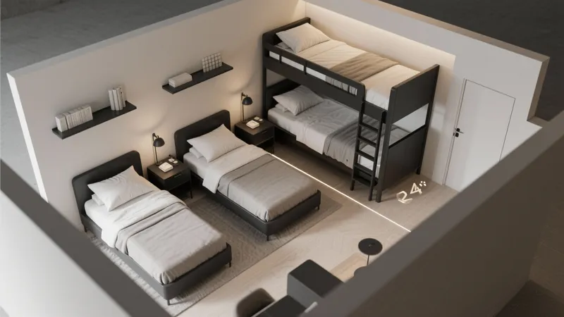 Modern Kids Bedroom with Bunk Bed & Single Beds – Smart Layout Ideas