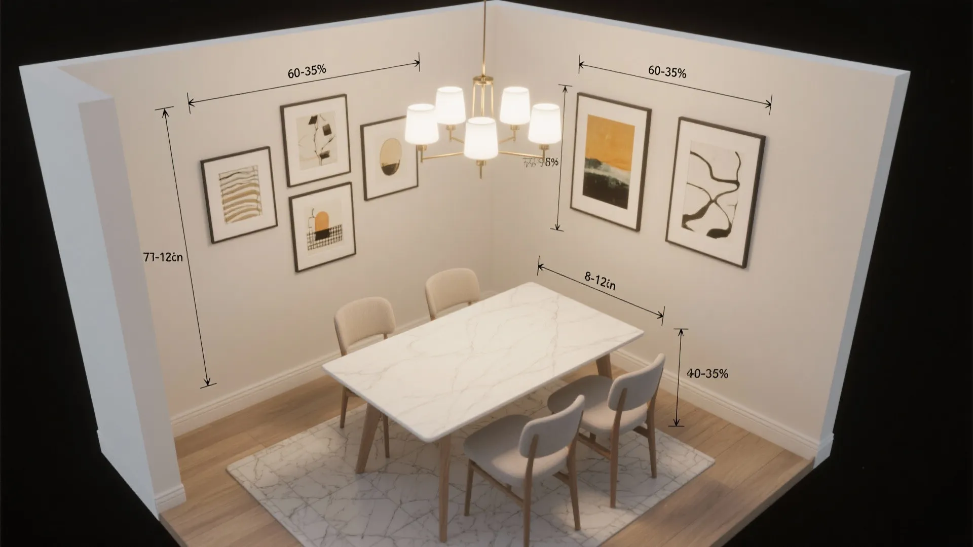 Dining room layout guide showing measurement marks for table chairs ceiling light and wall pictures
