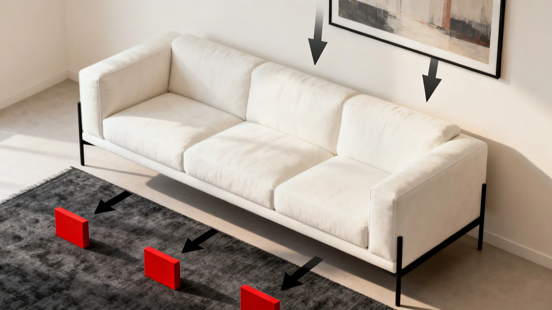 Top-down view of a small living room layout showing neutral bases, black outlines, and three red accents.