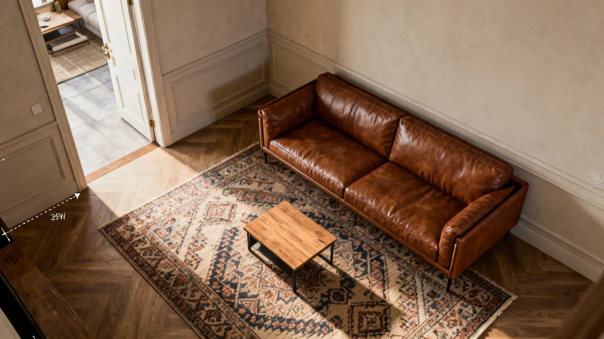Top-down view of a small living room layout with a slim brown leather loveseat angled toward a corner.
