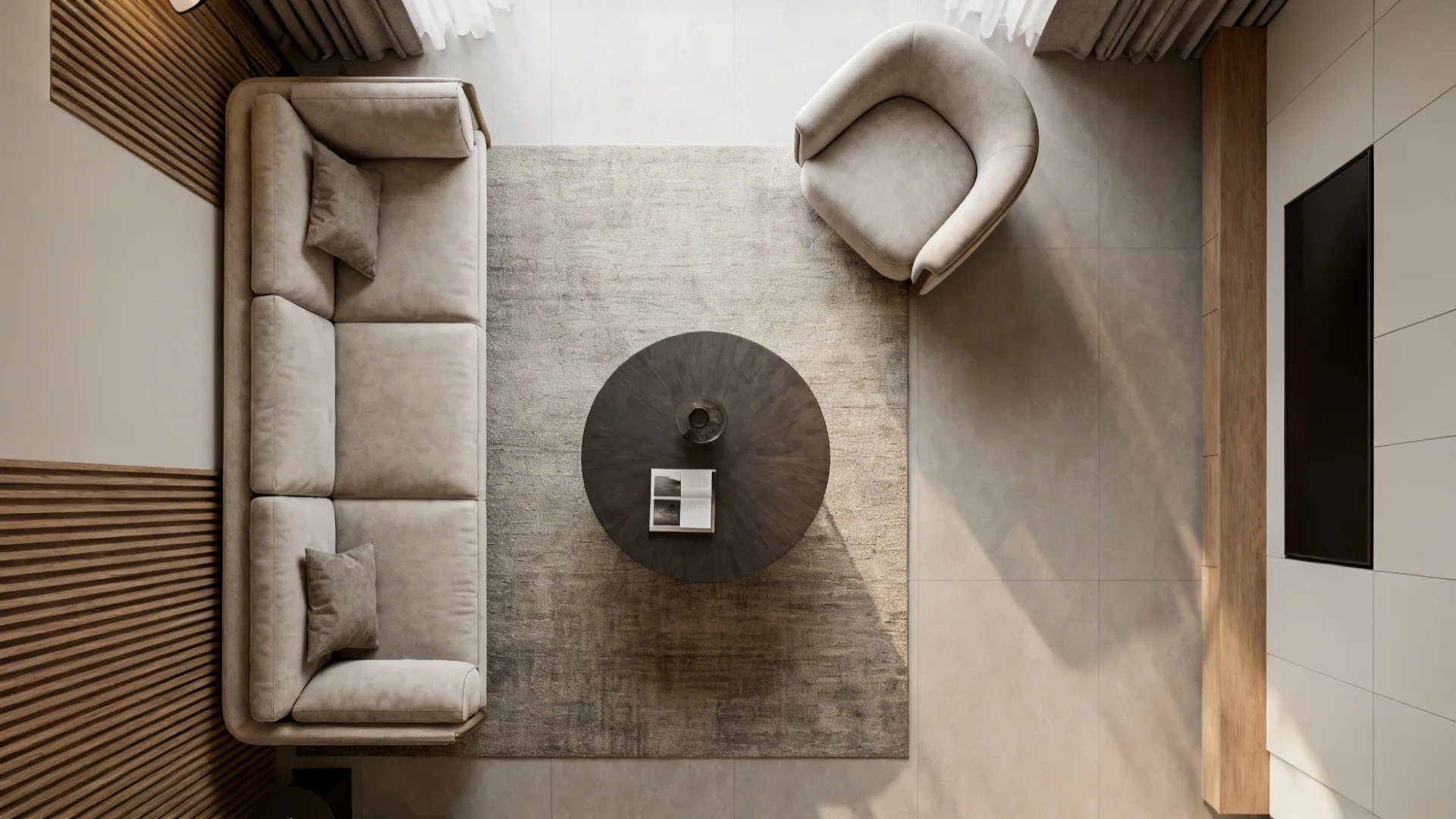 Top-down view of a small living room layout with narrow-arm sofa, armless chair and round table optimizing flow.