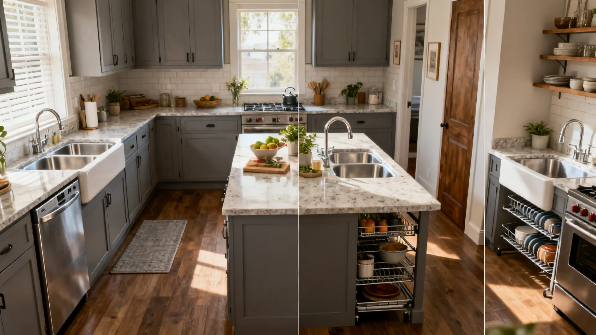 Panoramic set of galley, U-shaped, one-wall with island, and small apartment double-sink layouts.