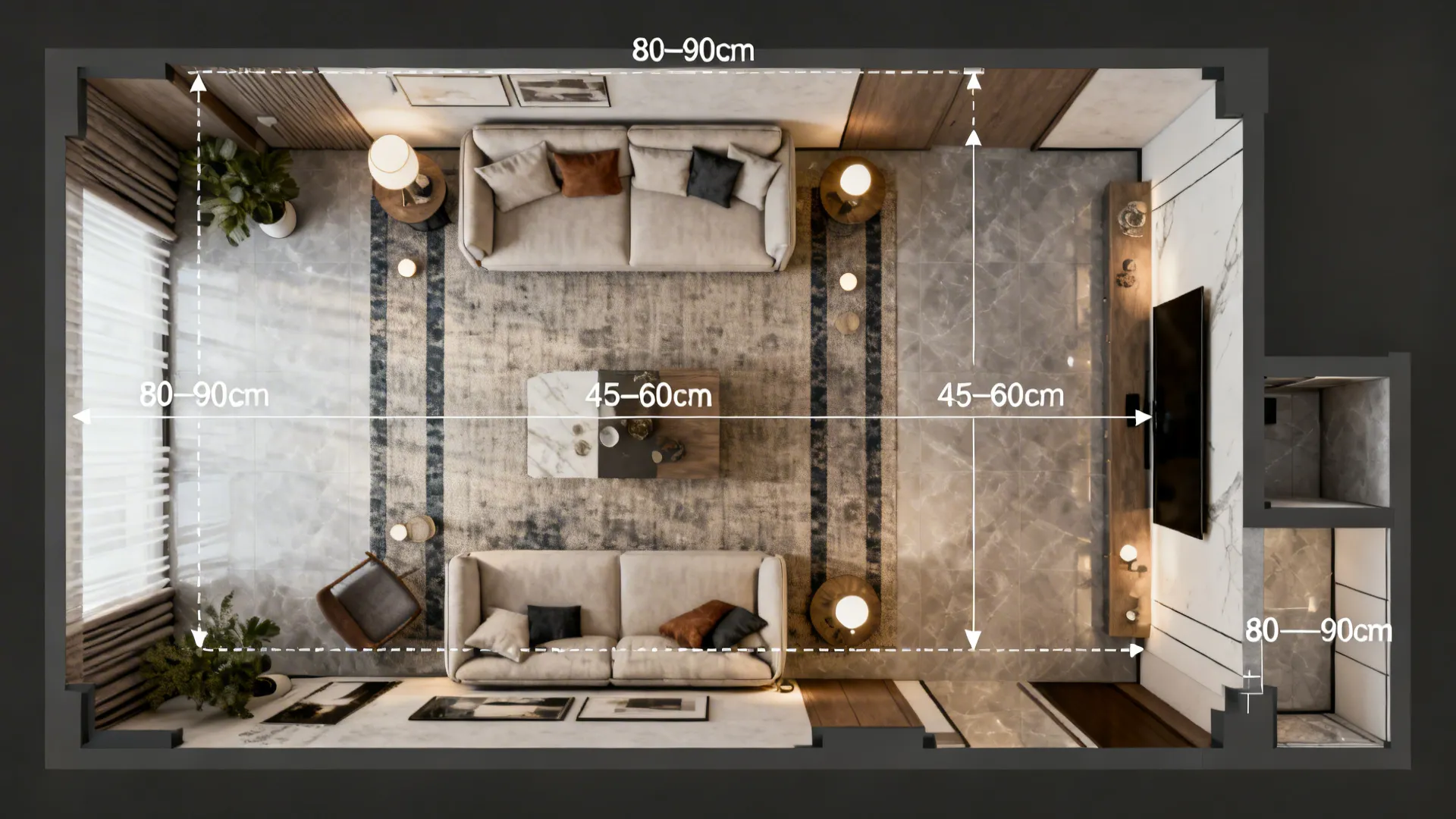 Top down view of a living room layout showing two sofas and clear furniture distance measurements
