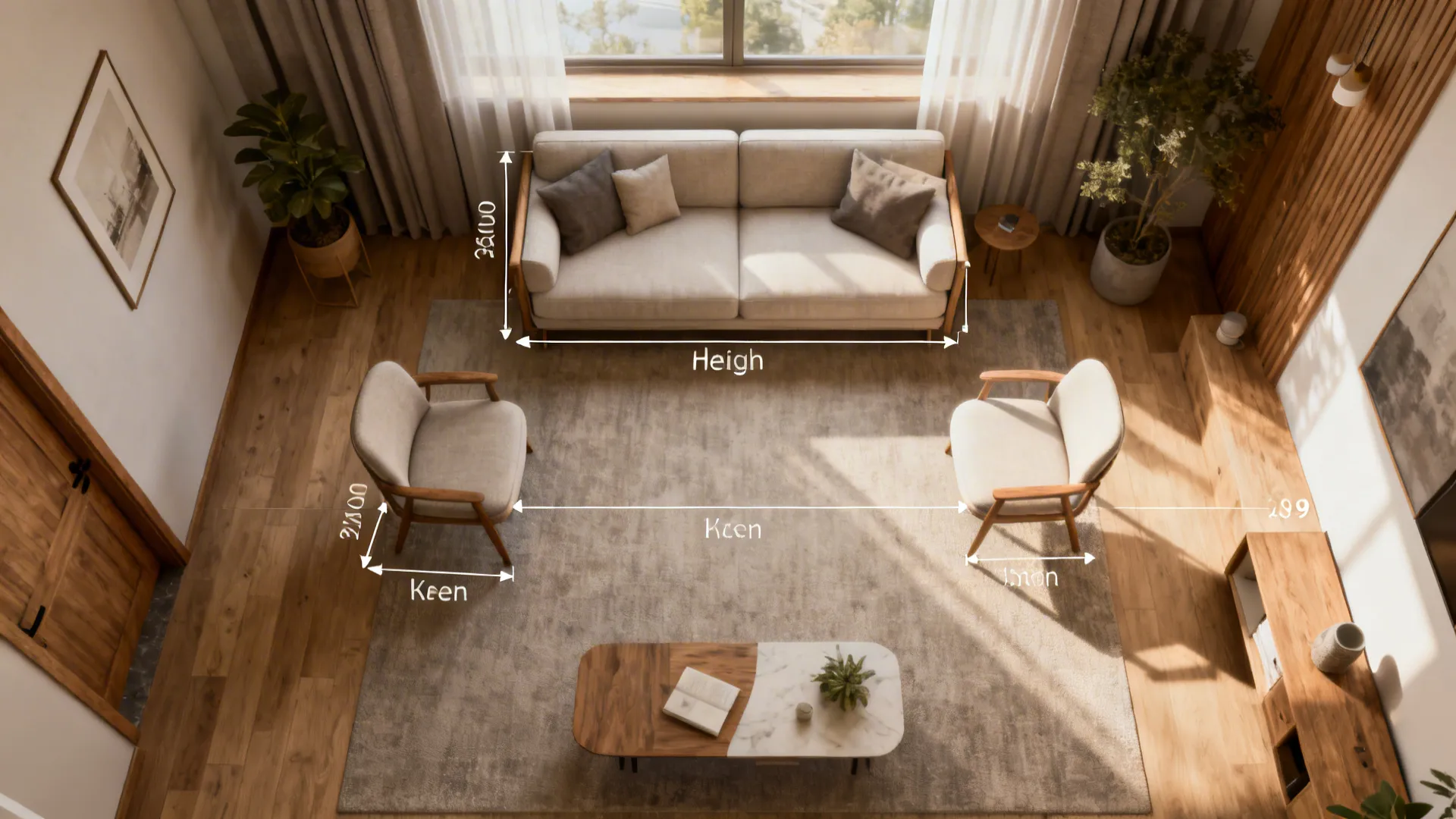 Top-down 3D floor planner view showing furniture scale, seat height and knee angle guidelines