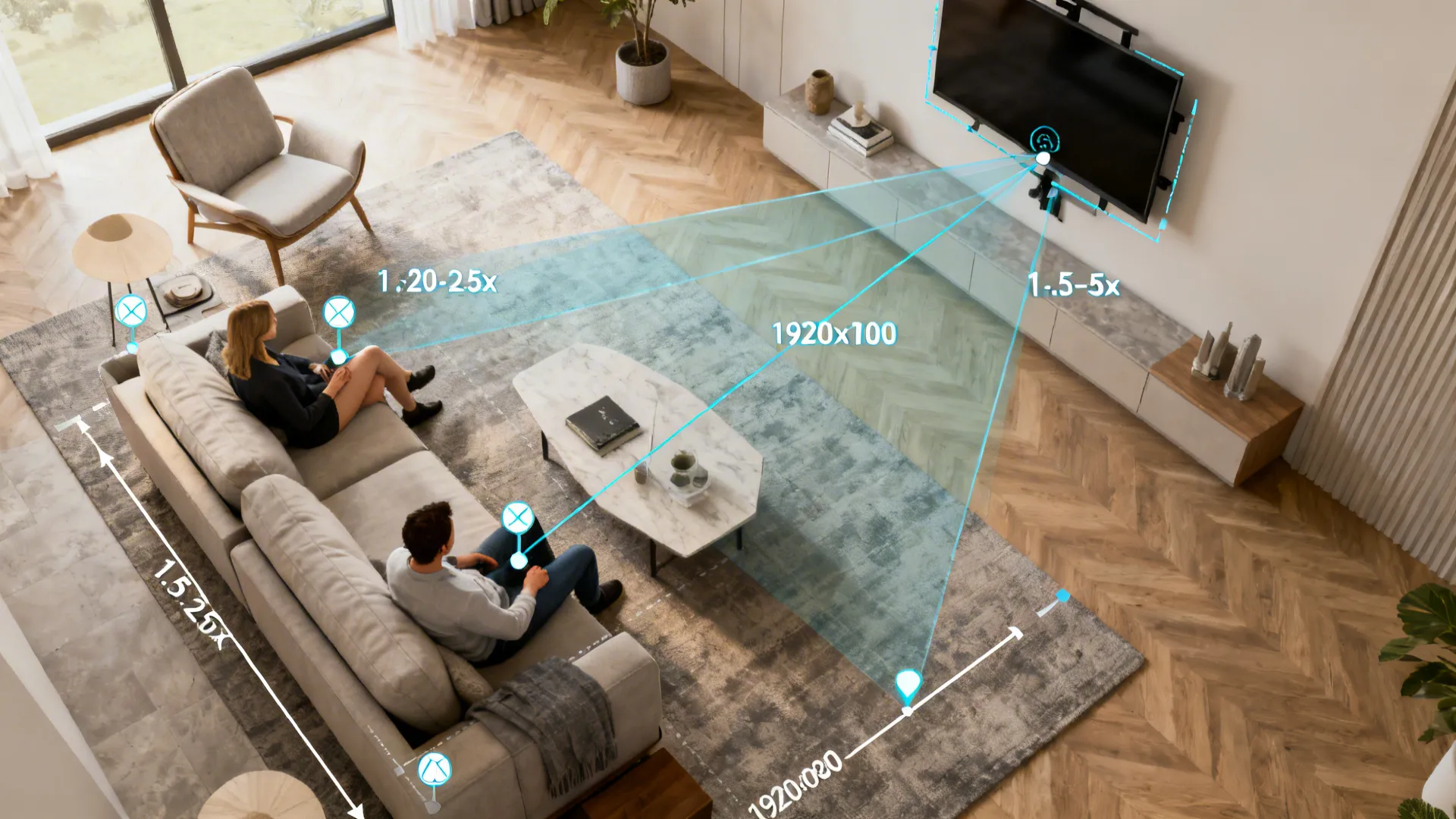 Top view of living room showing television viewing angles and distance measurements for furniture layout