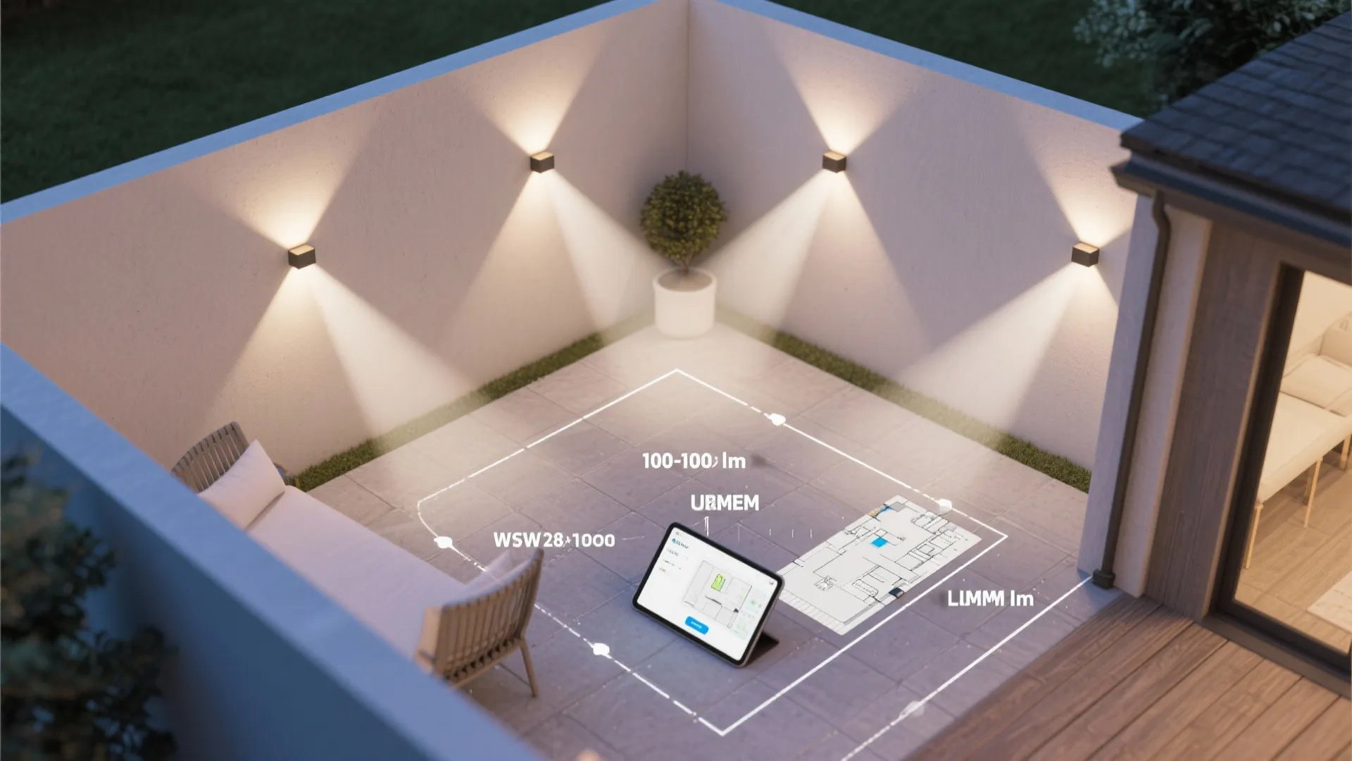 Overhead patio layout showing sightlines, beam cones for up-down sconces and lumen recommendations with a tablet room-planner