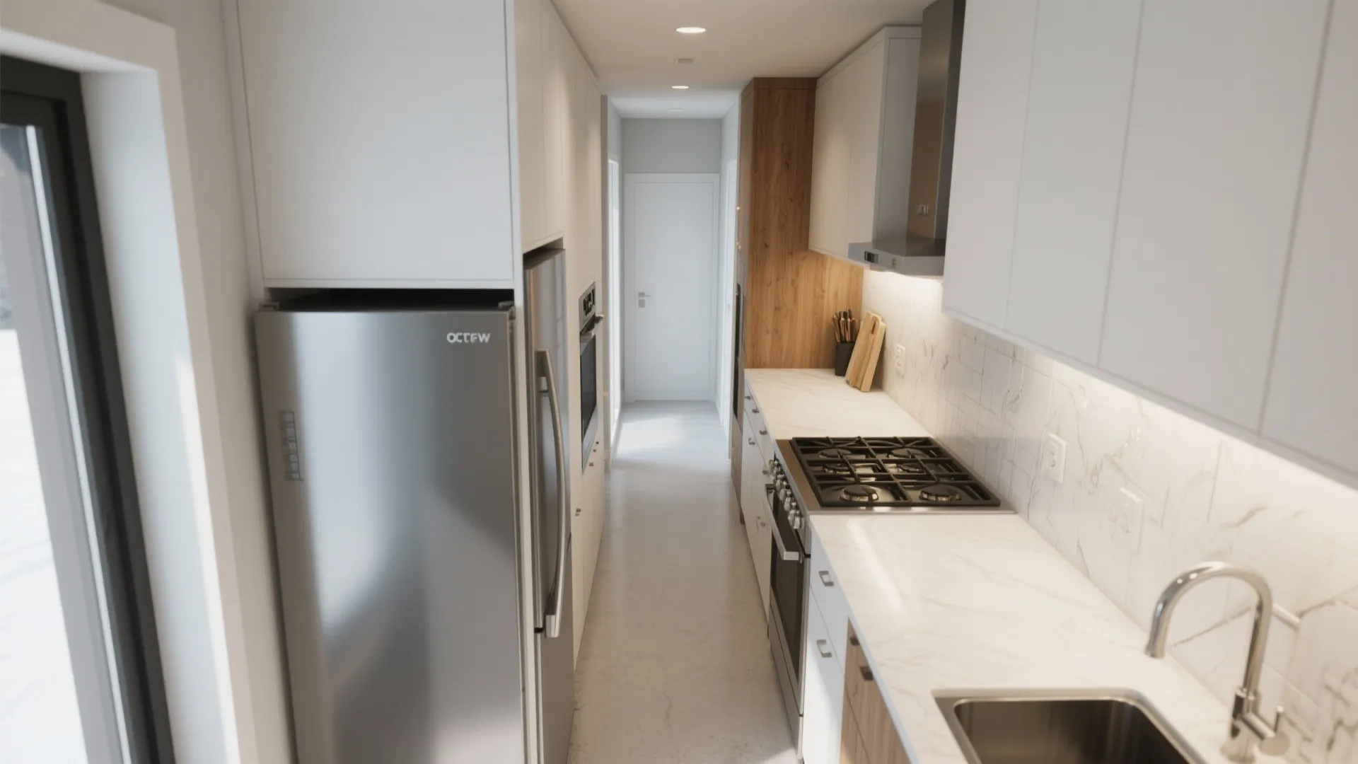 Top-down view of galley kitchen layout highlighting sightlines and stainless appliance placement