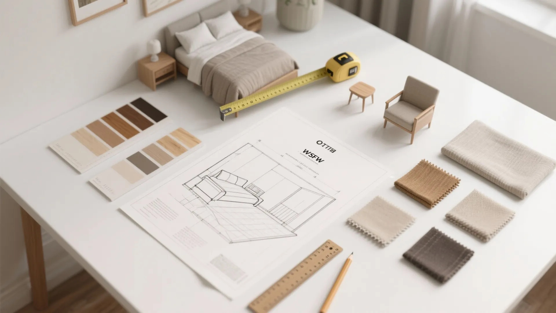Interior design drawing on a white desk with small furniture models and various fabric samples