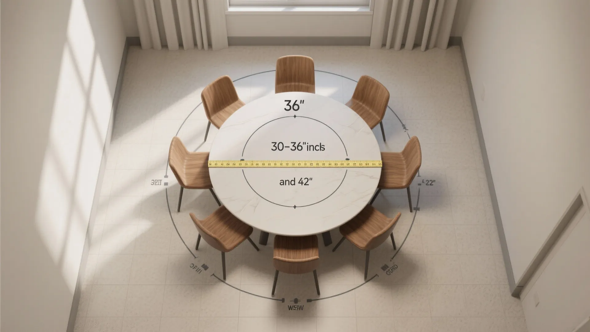 Interior design drawing showing measurements of a round dining table with eight wooden chairs surrounding
