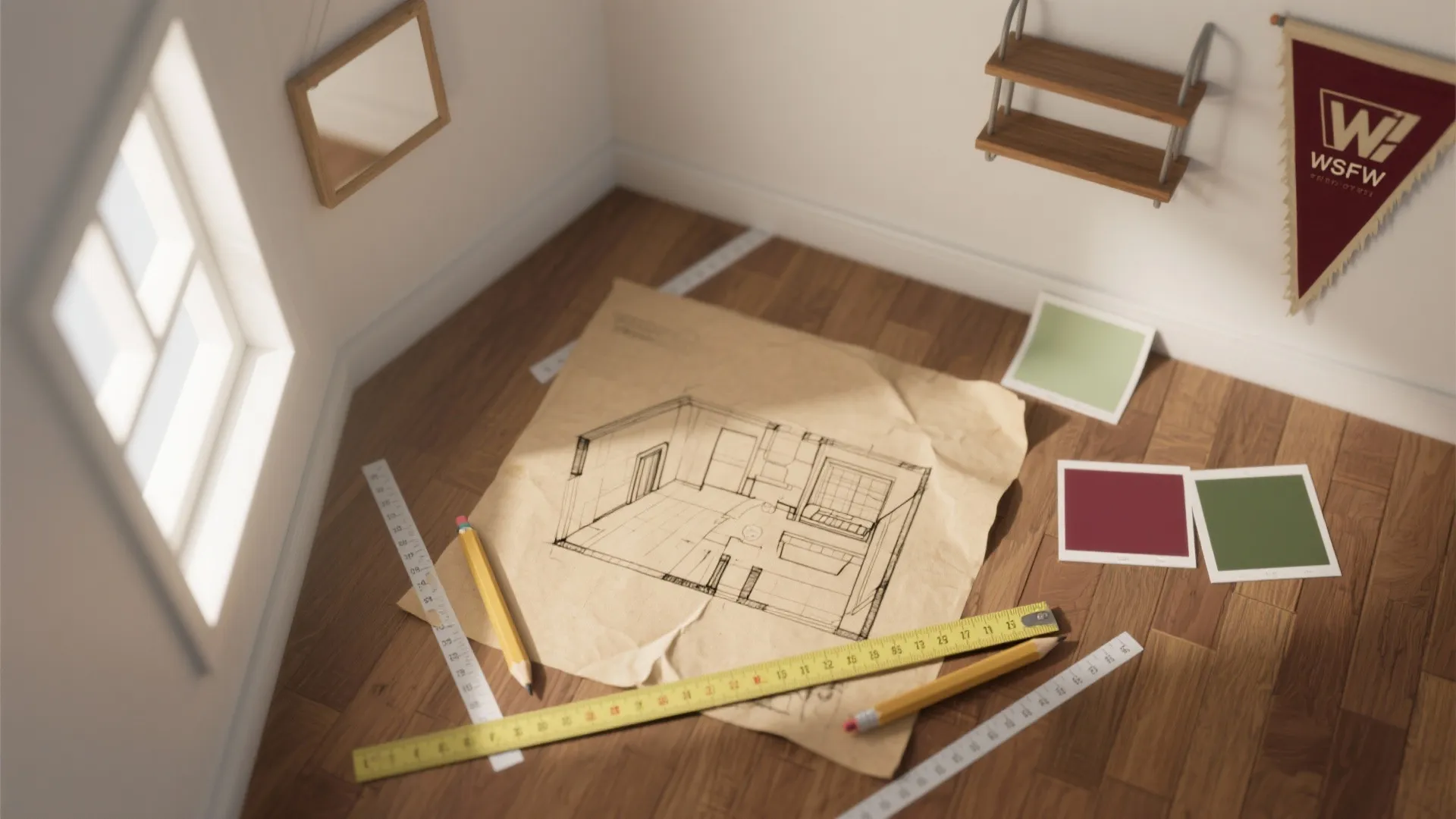Hand drawn interior design drawing on wooden floor with rulers pencils and small color samples