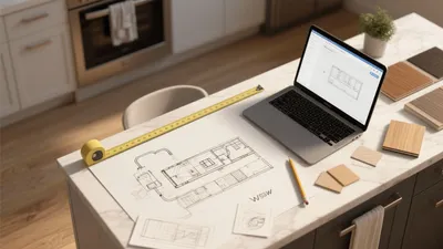 Kitchen Design Planning Workspace with Blueprints & Material Samples