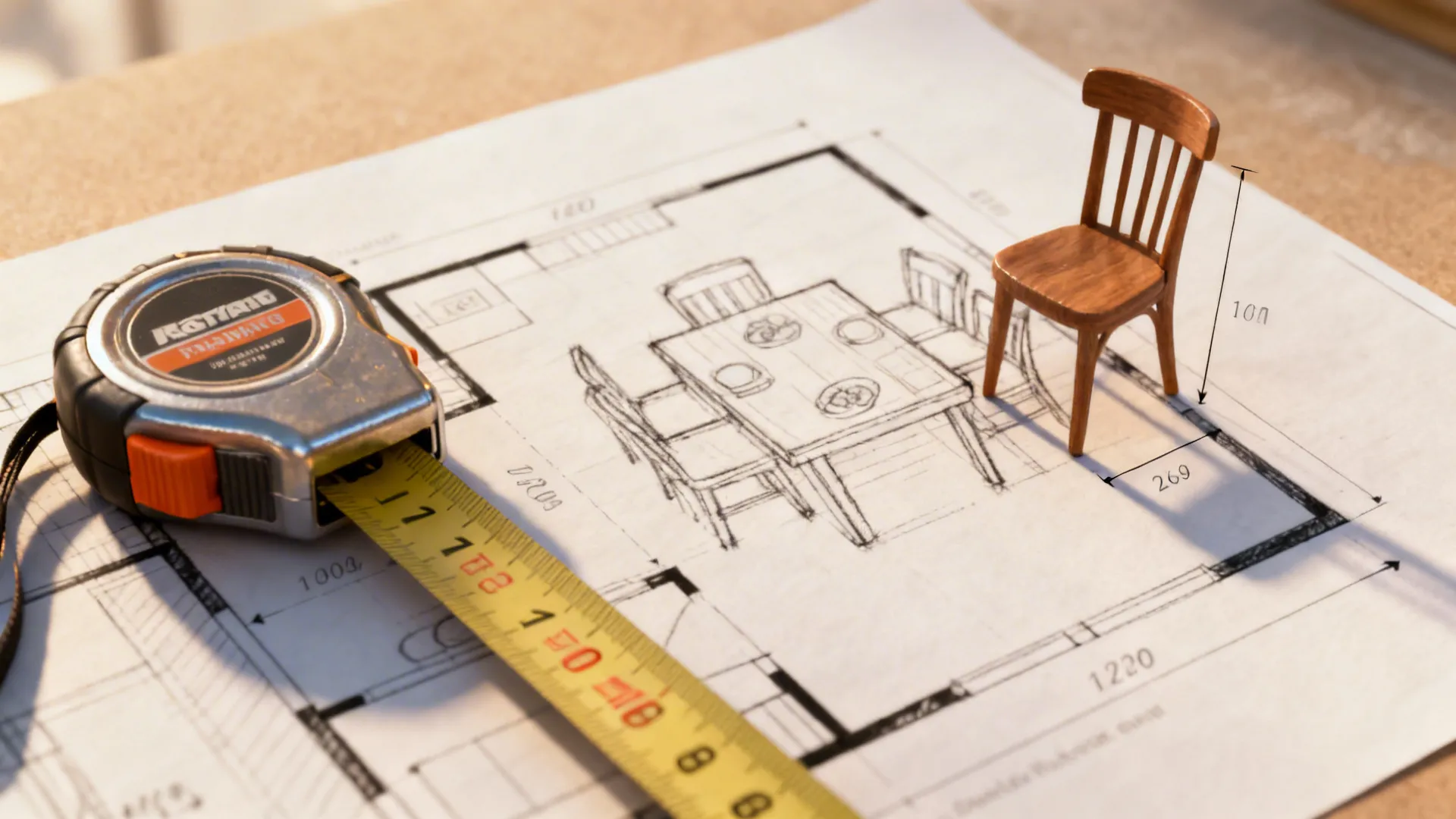 Yellow tape measure on interior design drawing with small wooden chair and hand drawn furniture