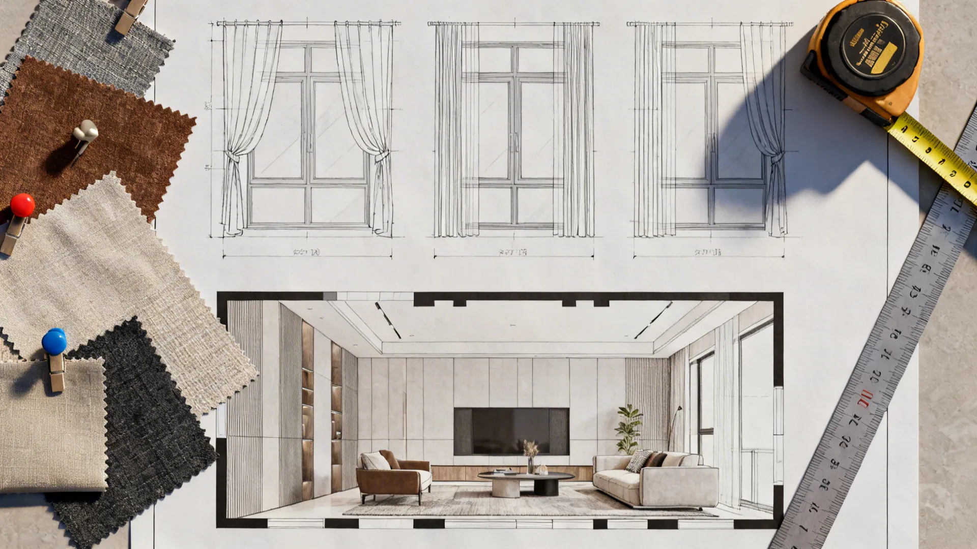 Top-down room planner mockup with three-window curtain layout sketches and fabric samples.