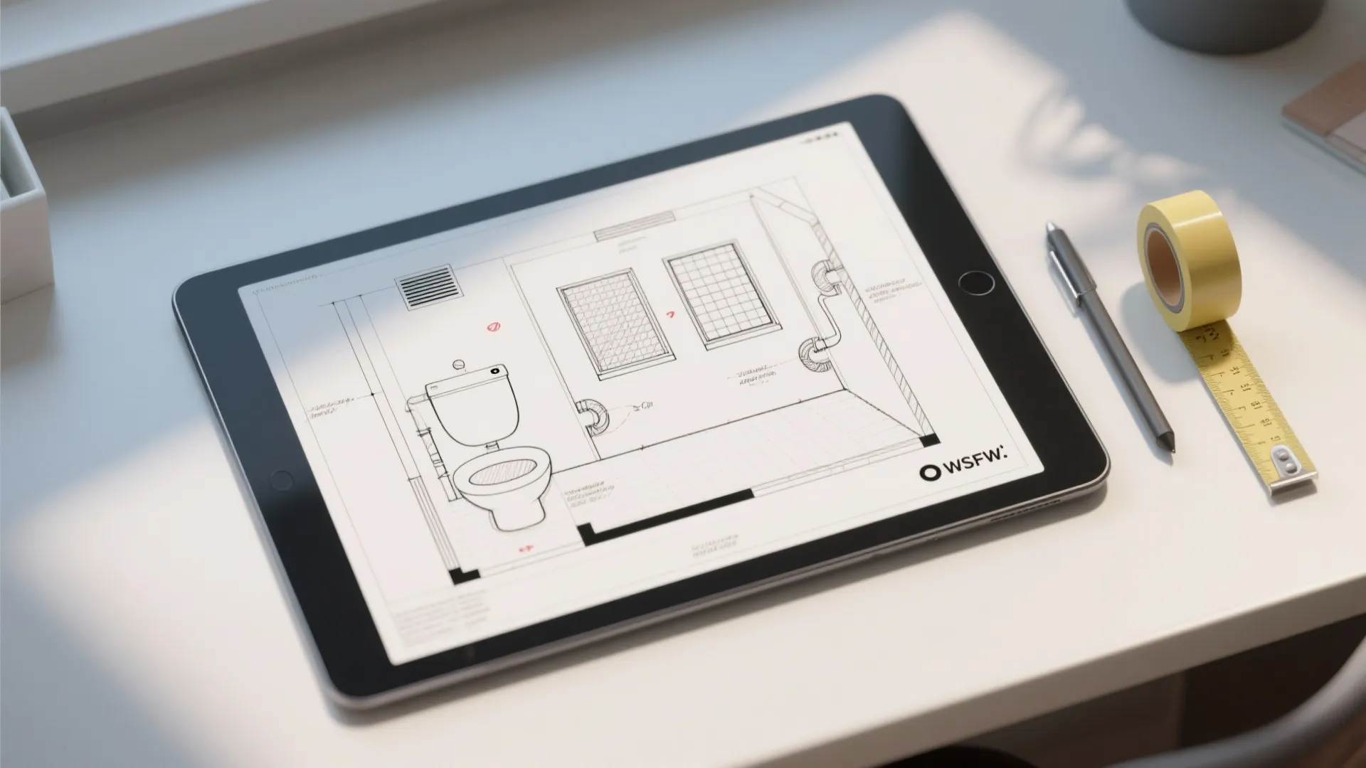 Tablet displaying a bathroom interior design drawing with toilet windows and simple wall layout sketch