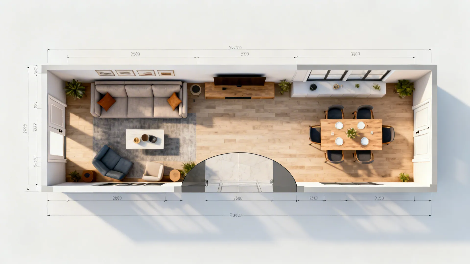 Top-down layout sketch showing circulation, door swings and furniture placement for a narrow combo.