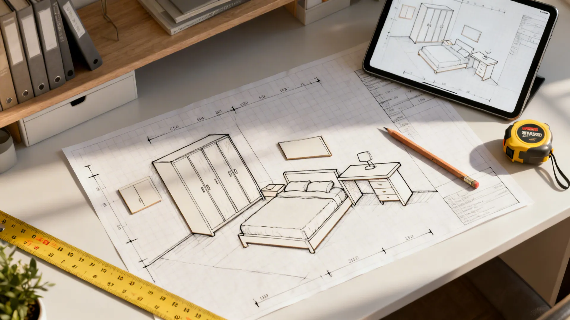 Top-down view of a room planning sketch with furniture cutouts, pencil, tape measure and a tablet planner.