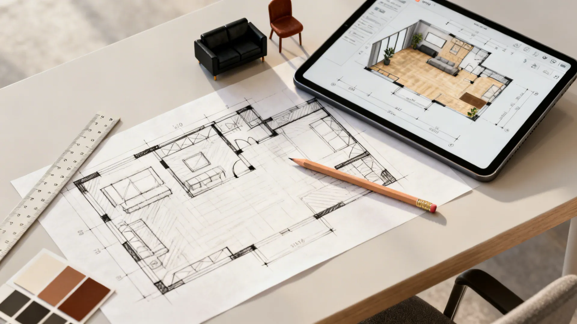 Top-down view of a quick room sketch, ruler, tablet with 3D floor planner and furniture samples.