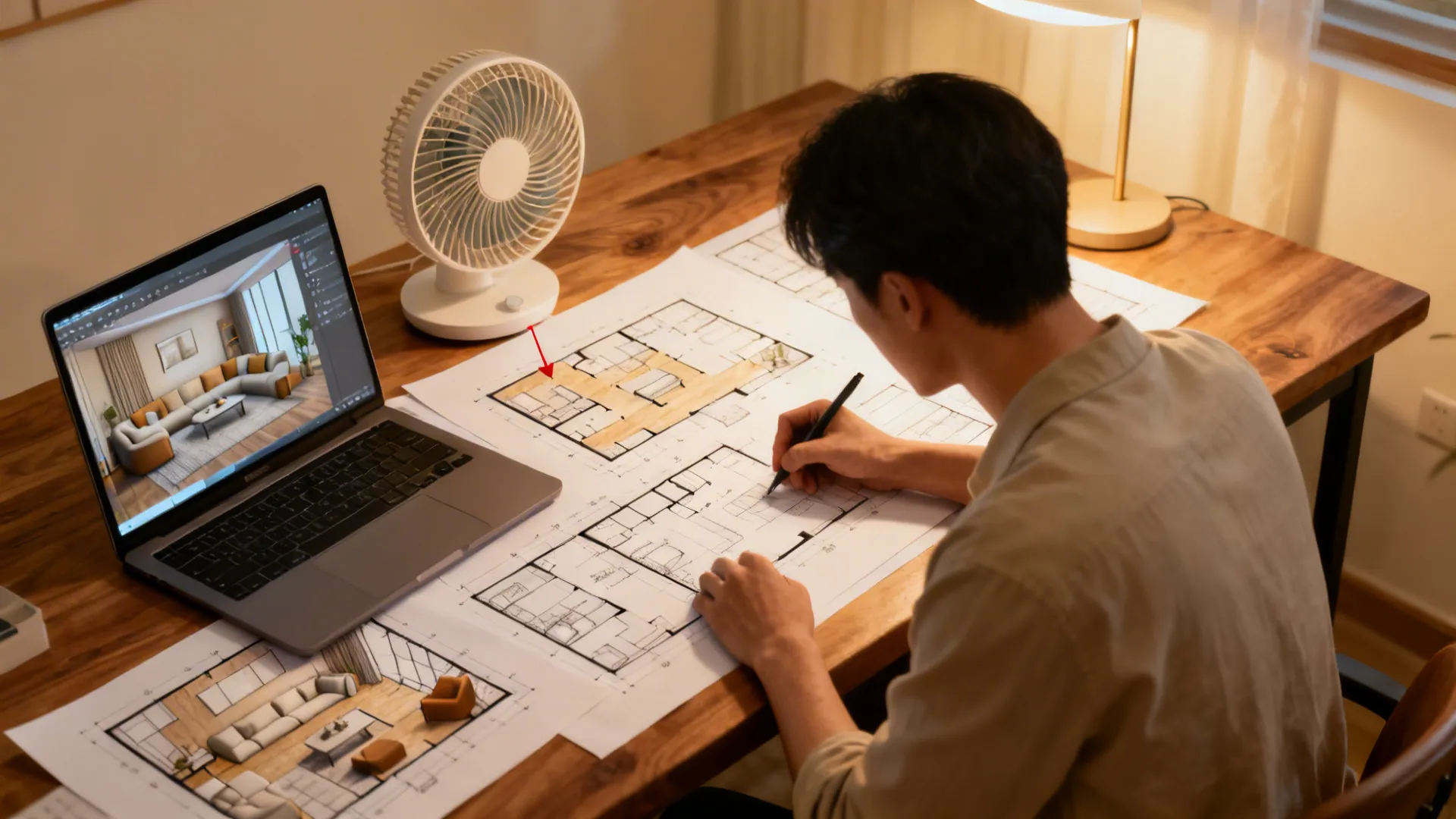 Designer sketching living room layouts and marking tower fan placement with a 3D planner on laptop