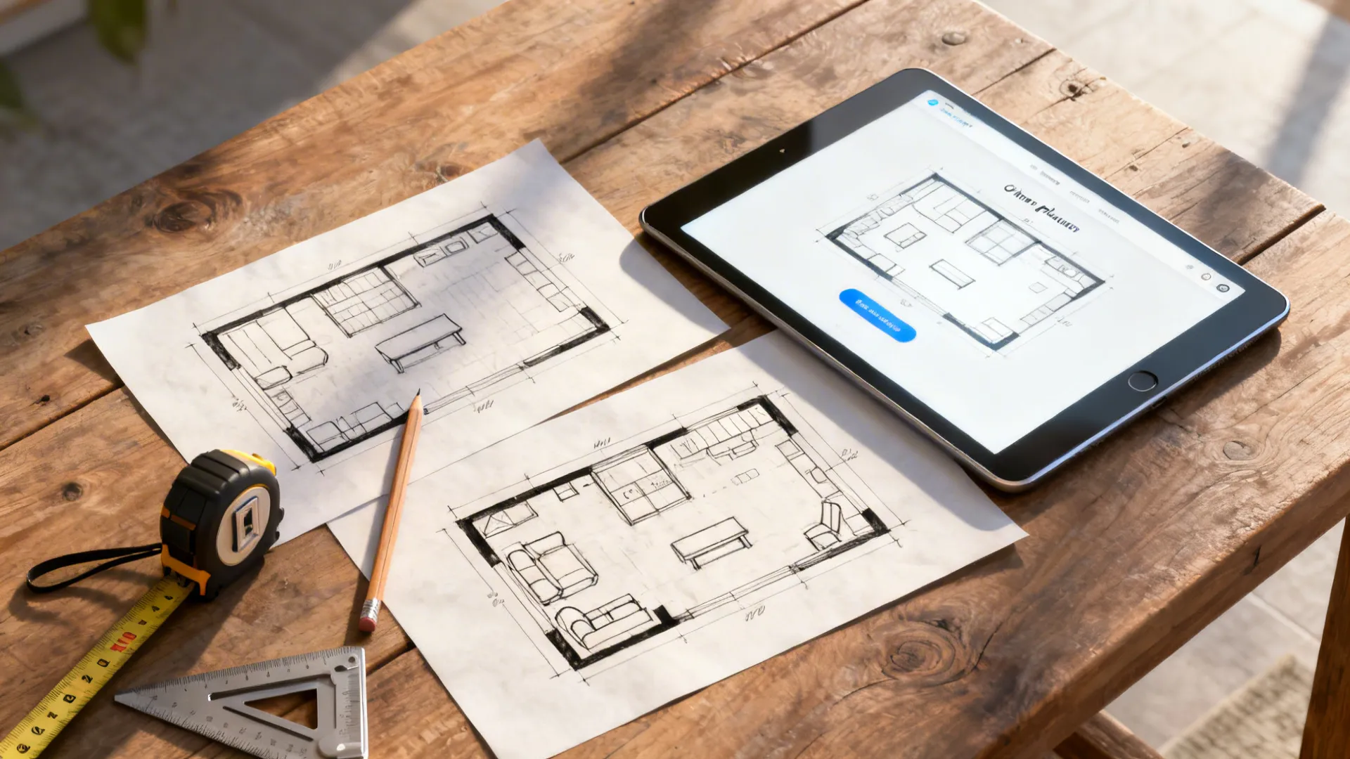 Top-down photo of hand-drawn layout sketches and a tablet with an online planner for testing living room arrangements.