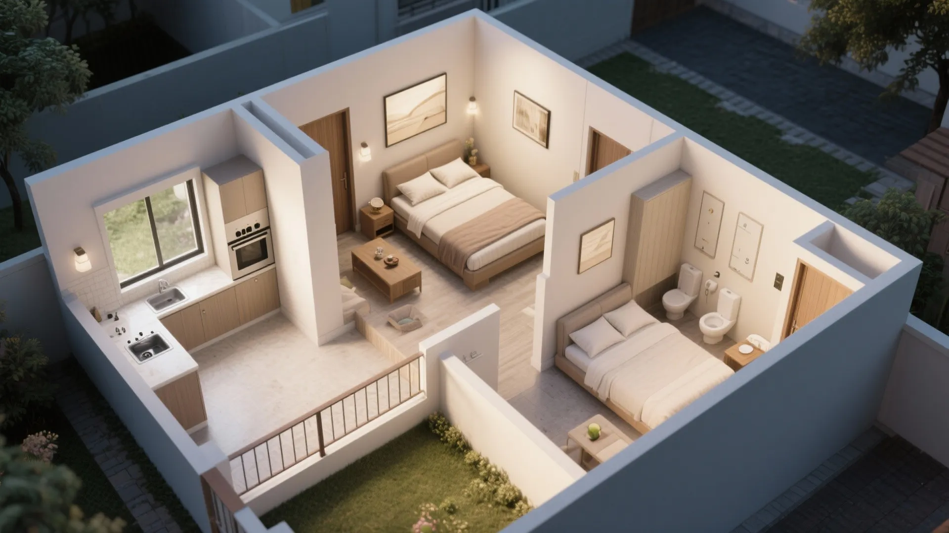 3D interior design drawing of a two bedroom apartment with a kitchen and small garden