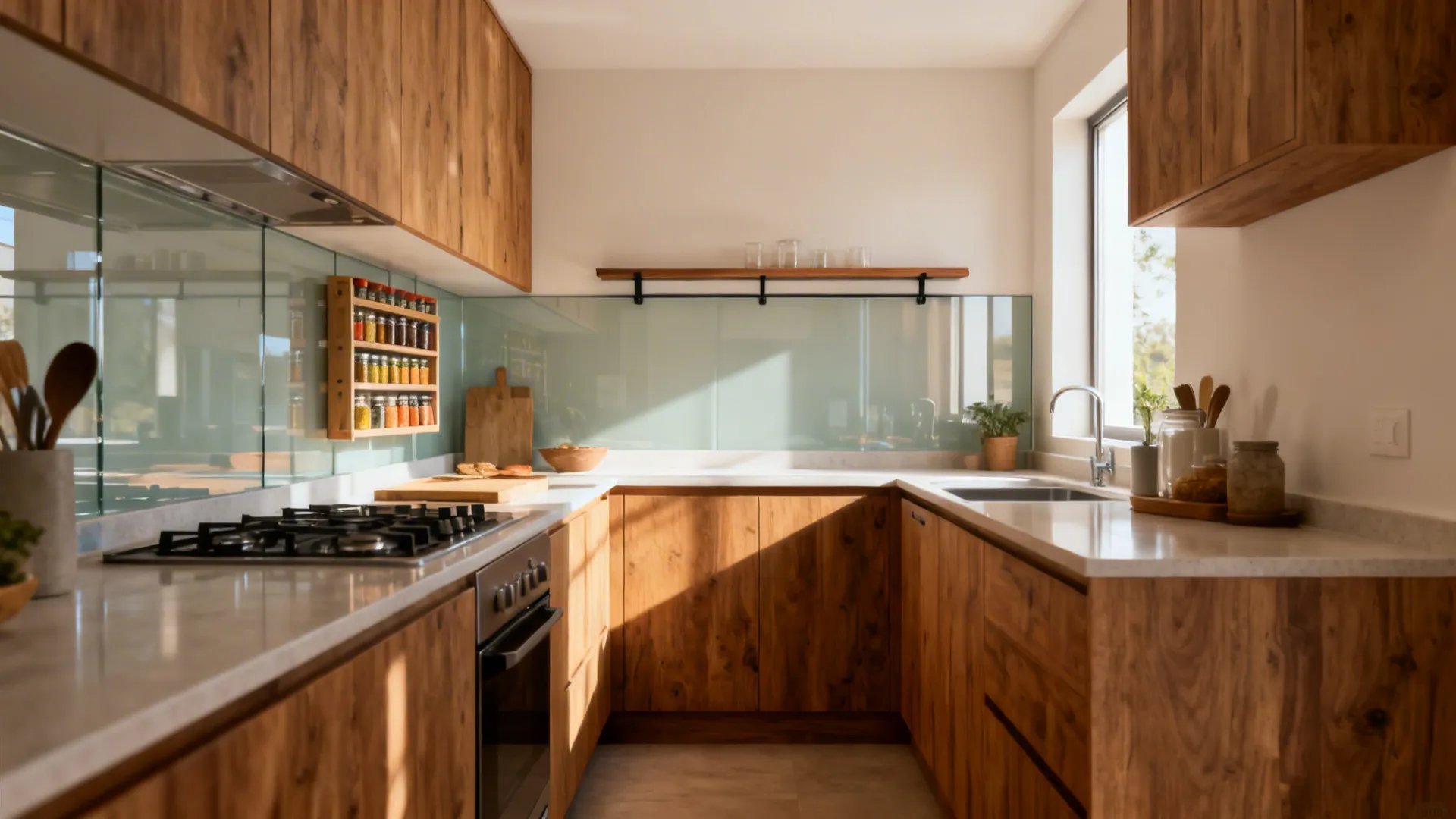 Small L-shaped kitchen with a spice rack zone near the prep area.