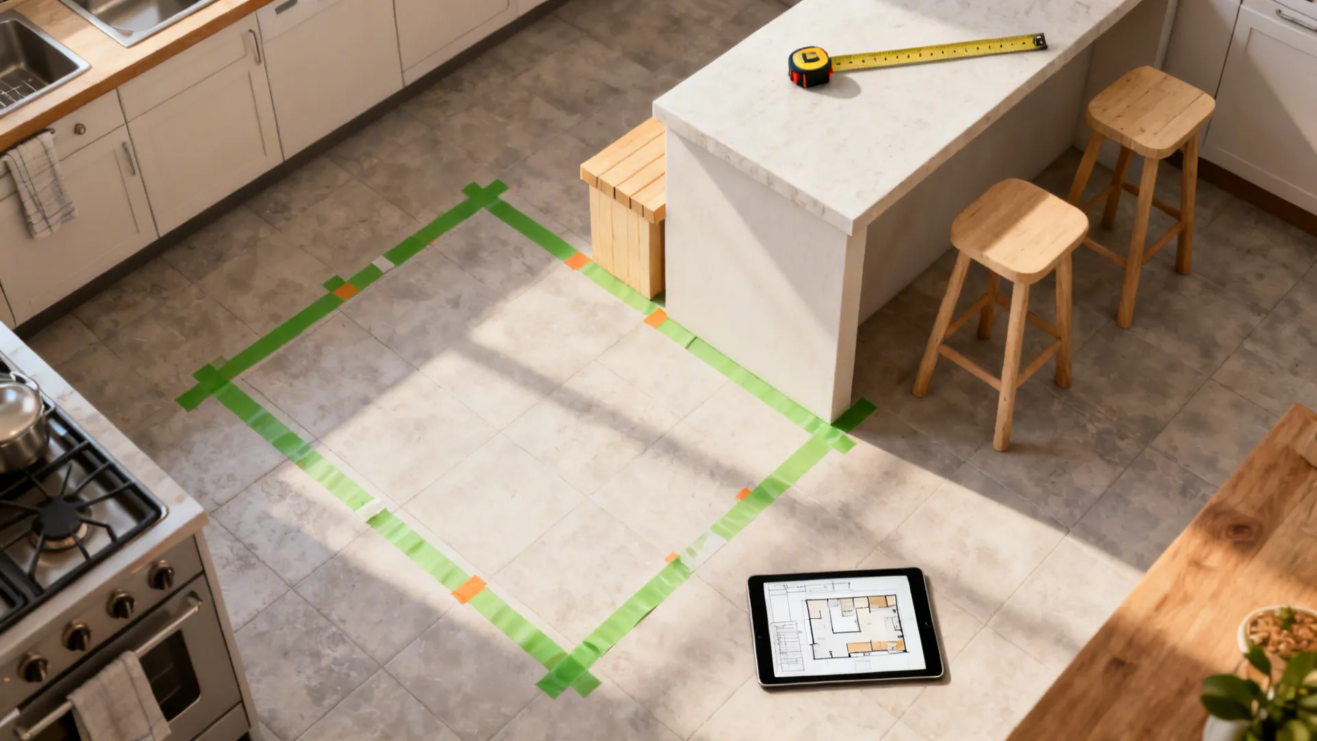 Top-down view of painter's tape marking a breakfast bar layout with measuring tools and a tablet room planner.