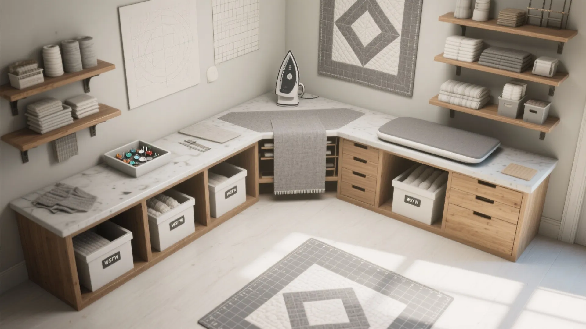 Corner craft room layout with white marble desk wooden storage bins wall shelves and iron