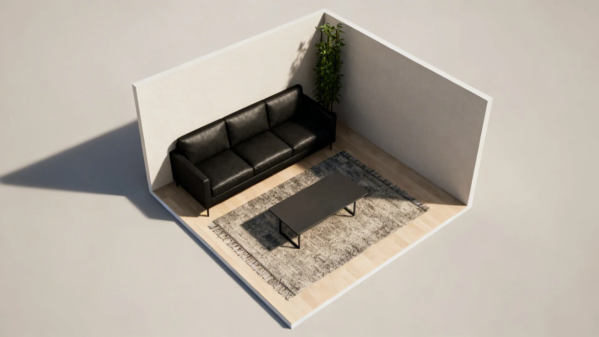 Top-down living room layout with a black sofa and suggested furniture placement.