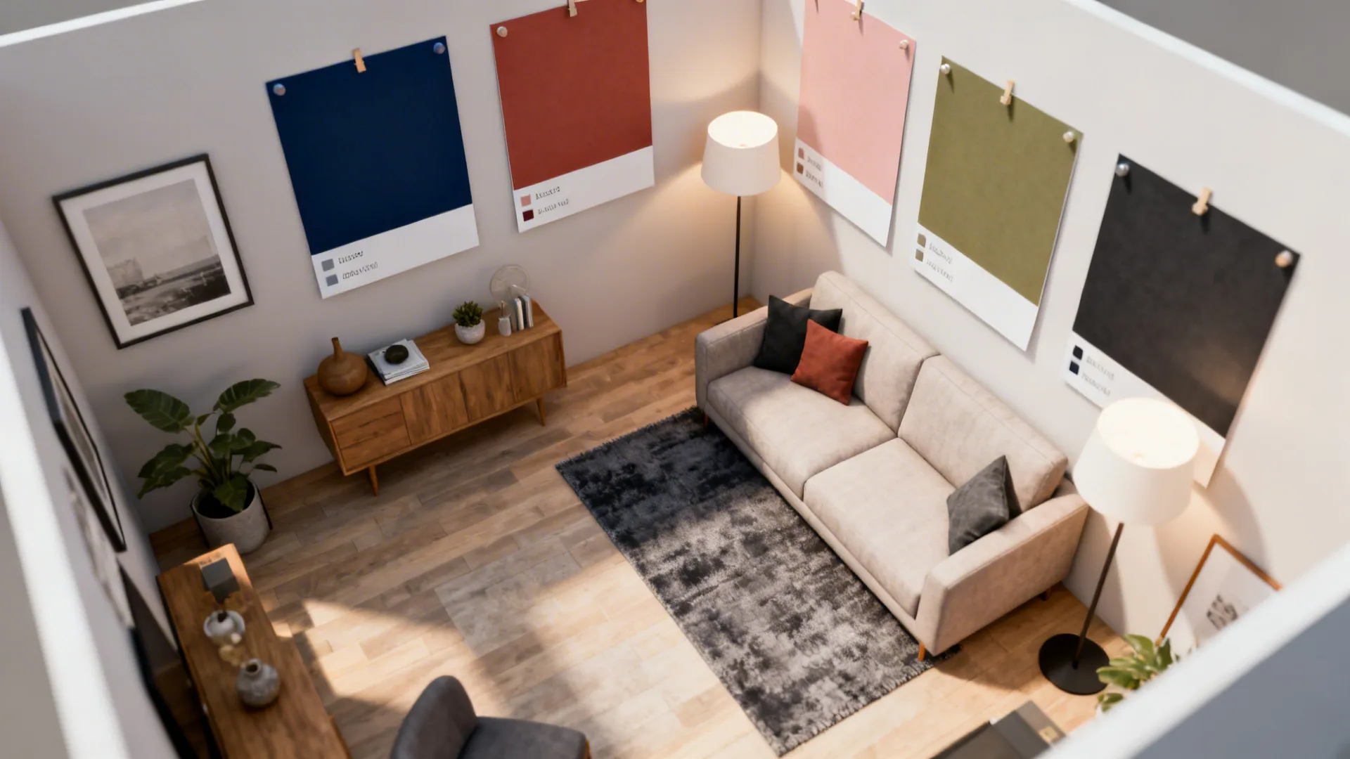 Top-down floor plan mockup showing furniture placement and accent wall color swatches for a grey living room.