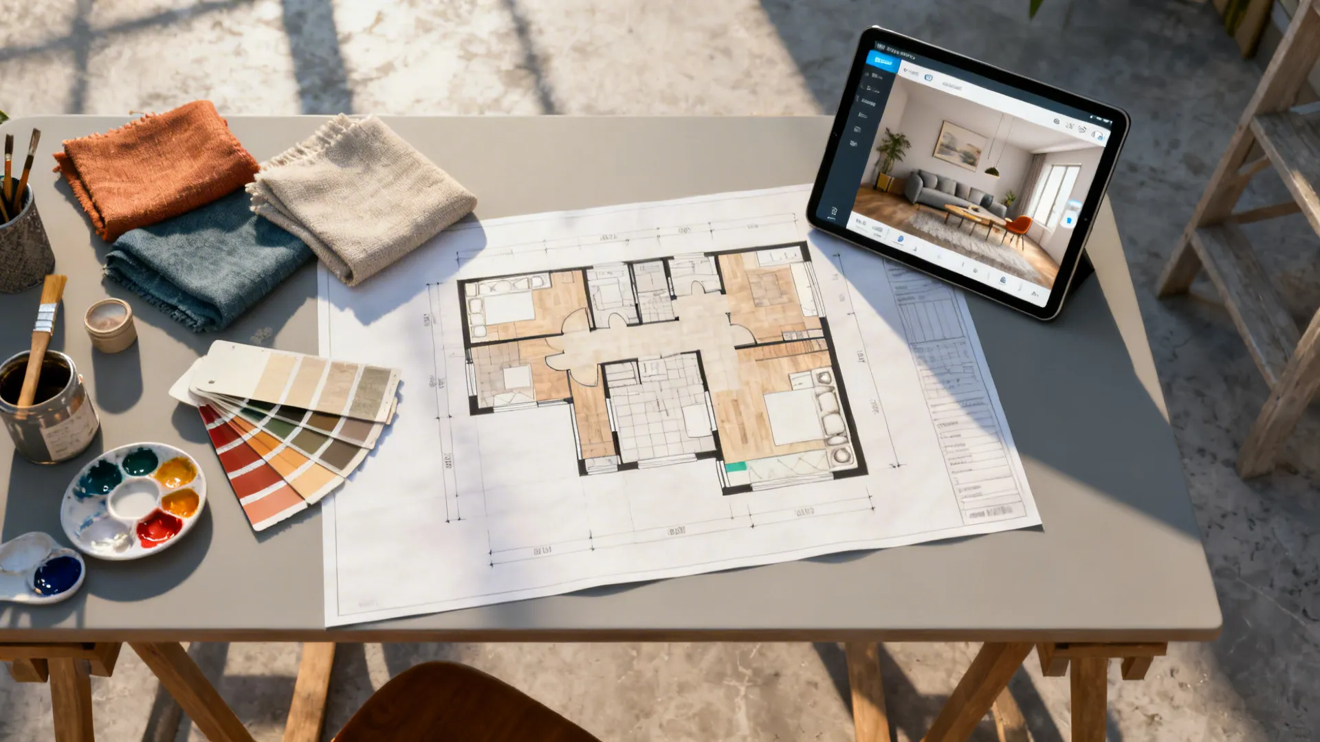 Top-down view of floorplan printout, fabric and paint swatches, and a tablet with room planner.