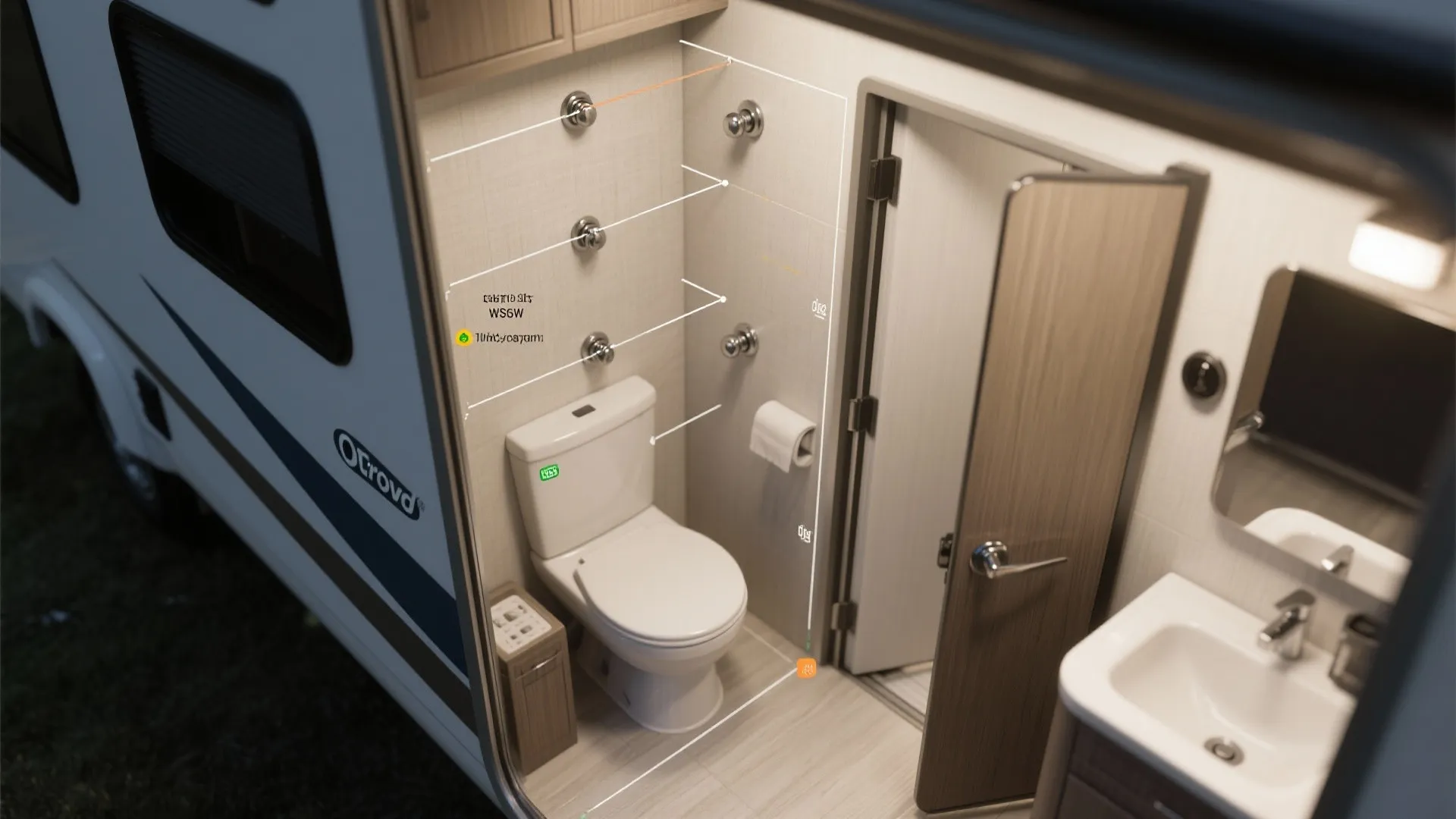 Top-down mockup showing knob placements and door swing options in an RV bathroom layout