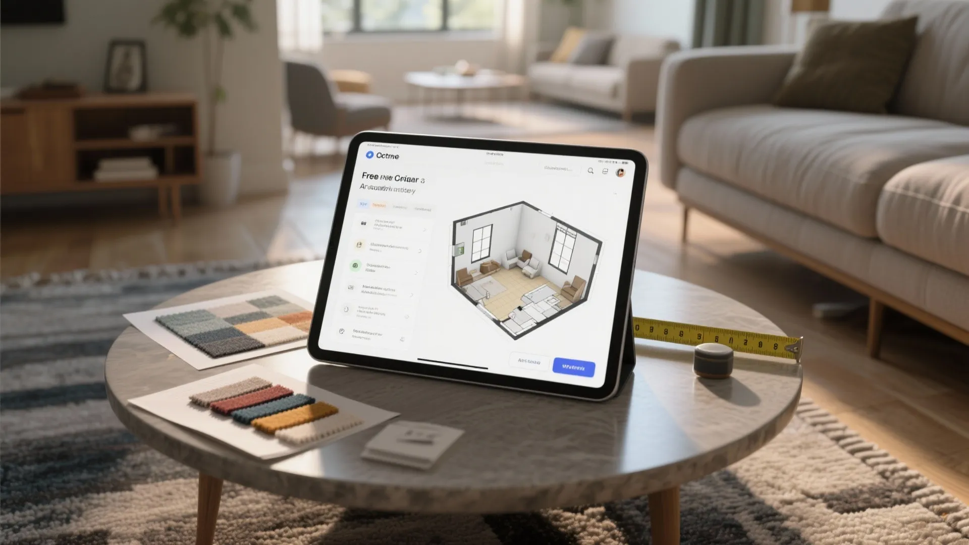 Tablet on a coffee table displaying a three dimensional room layout design in a cozy home