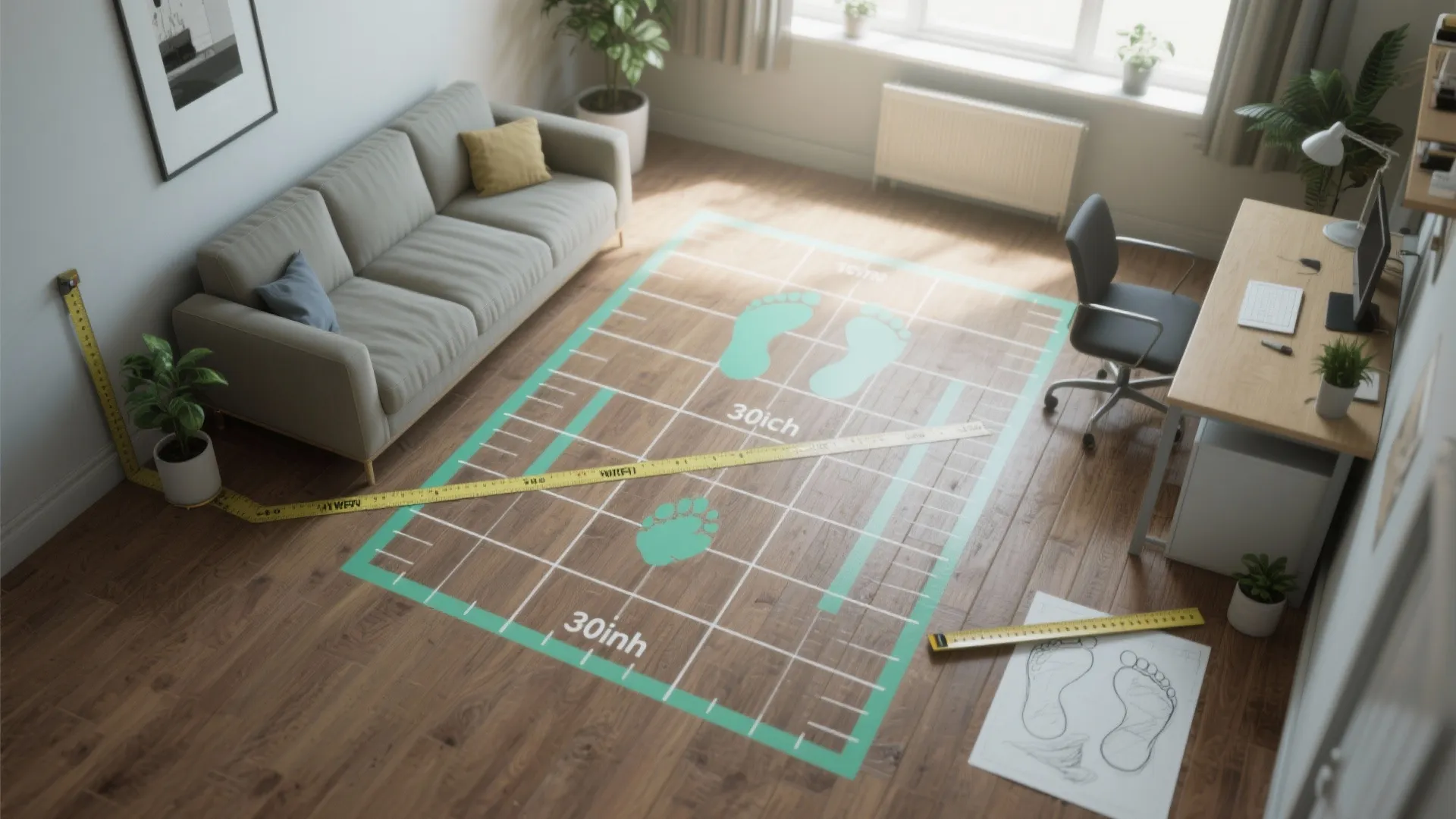 Room layout plan with yellow measuring tape on wood floor between sofa and office desk