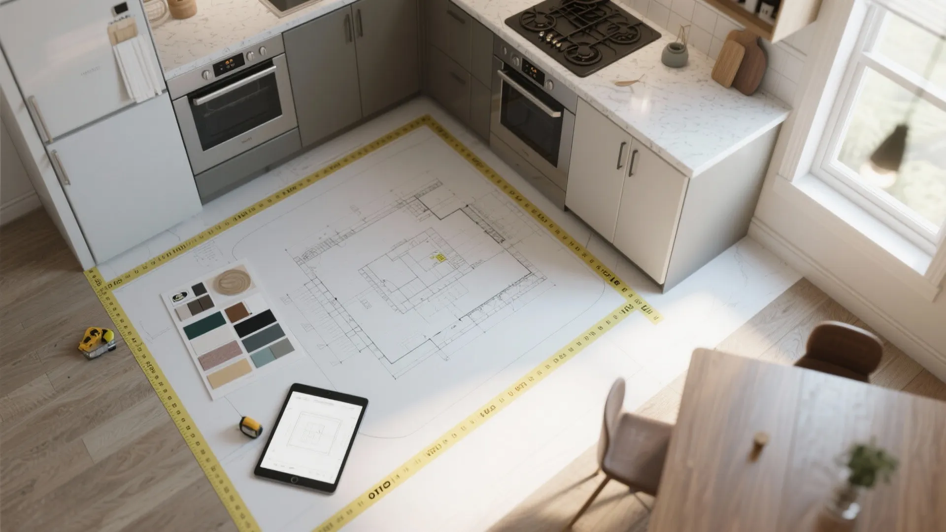 Interior design drawing on kitchen floor with measuring tape and tablet for house remodeling project